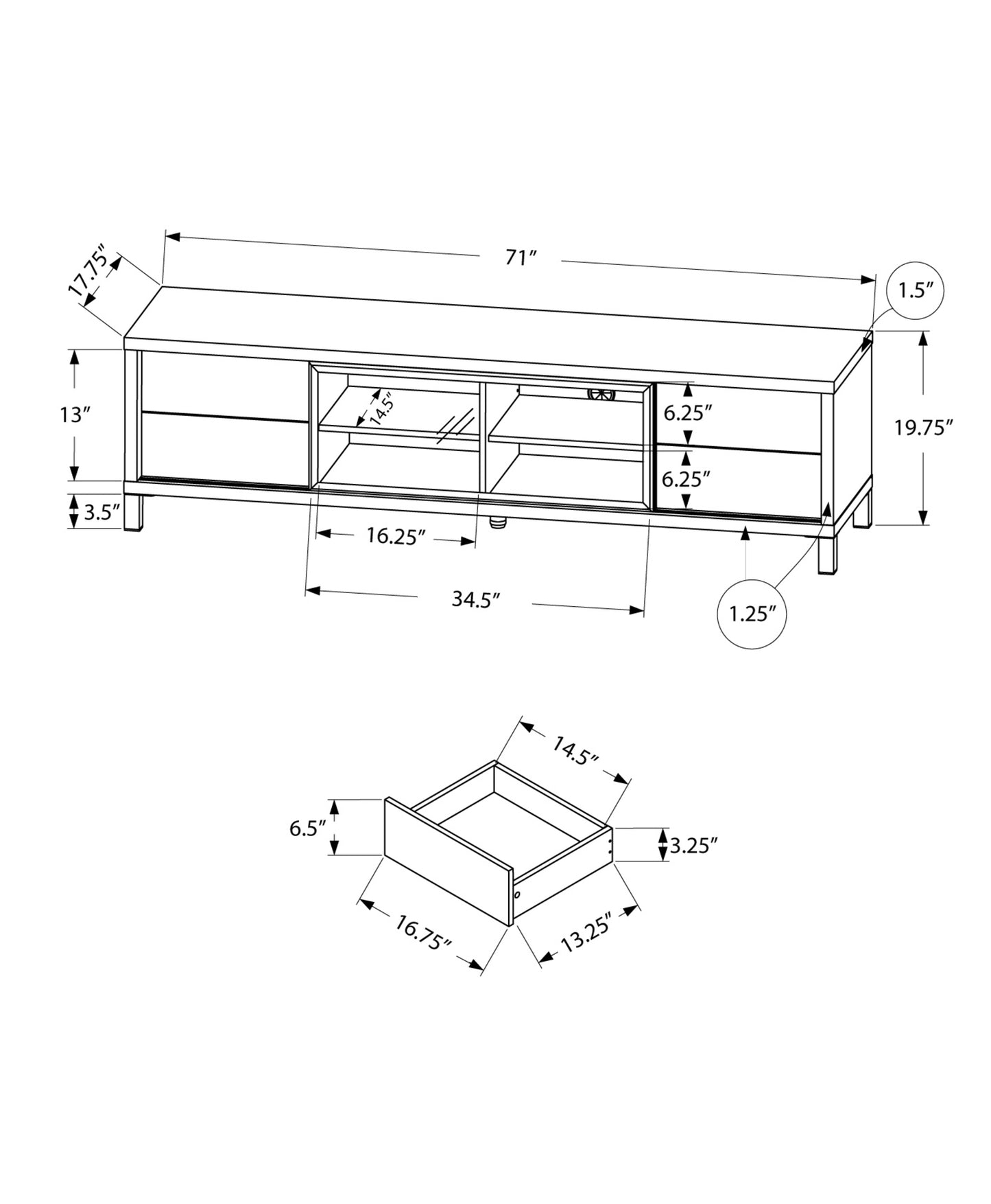 17.75" X 71" X 19.75" White Clear Silver Particle Board Glass Hollow Core TV Stand
