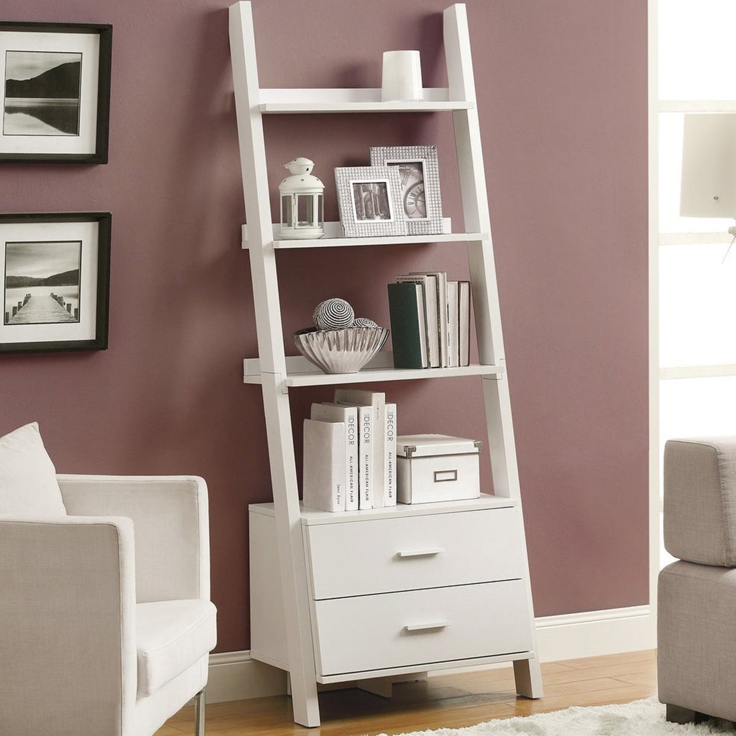 69" Cappuccino Particle Board Ladder Bookcase With Two Storage Drawers