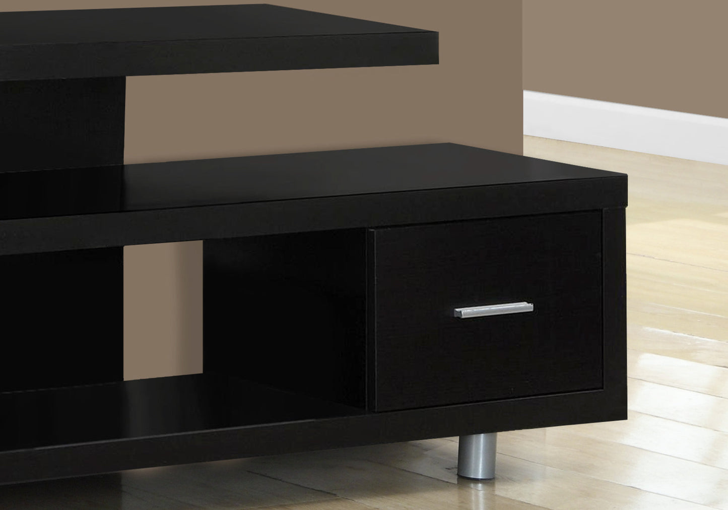 15.75" X 60" X 24" Black Grey Particle Board Hollow Core Metal TV Stand With A Drawer