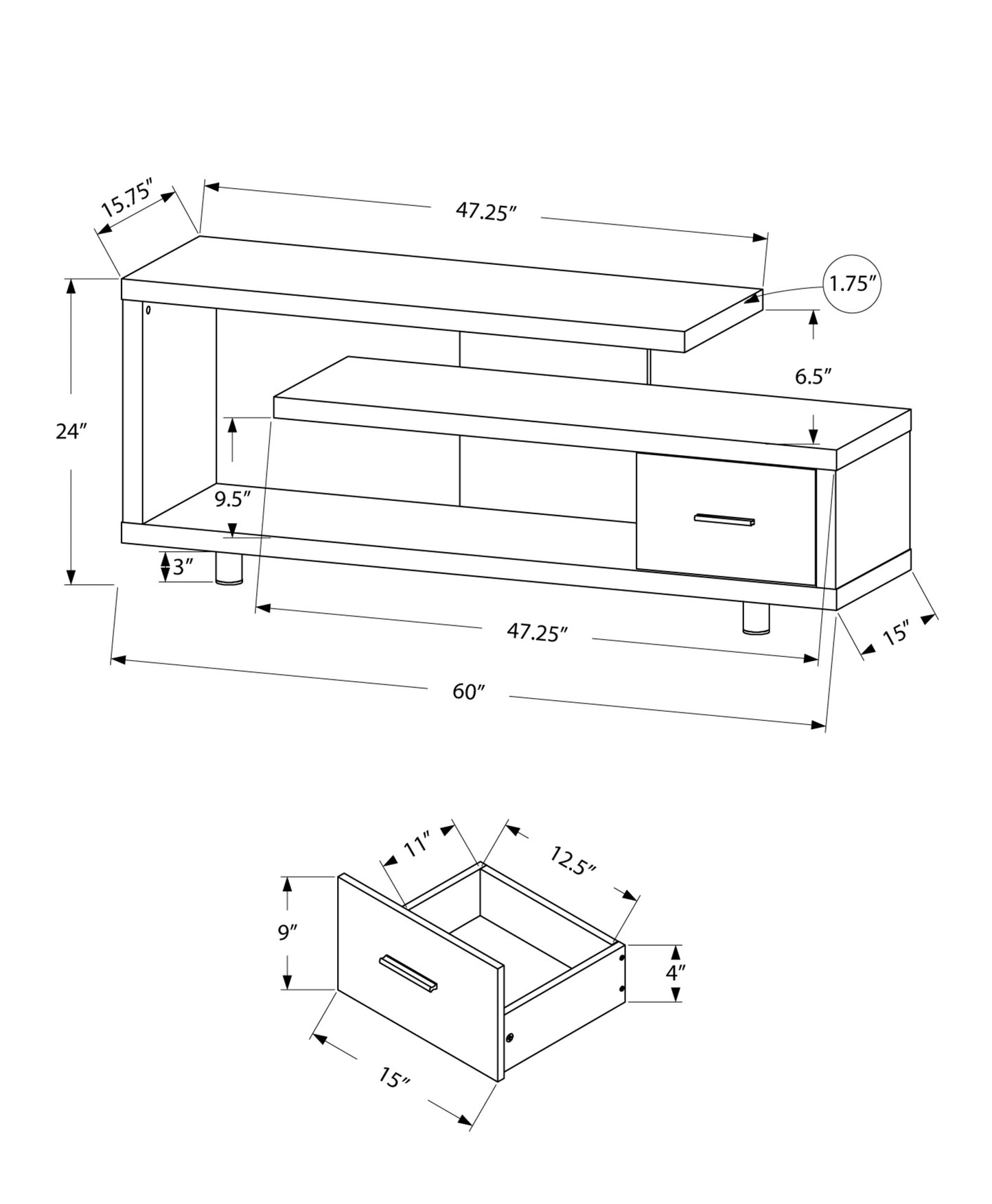 15.75" X 60" X 24" Black Grey Particle Board Hollow Core Metal TV Stand With A Drawer