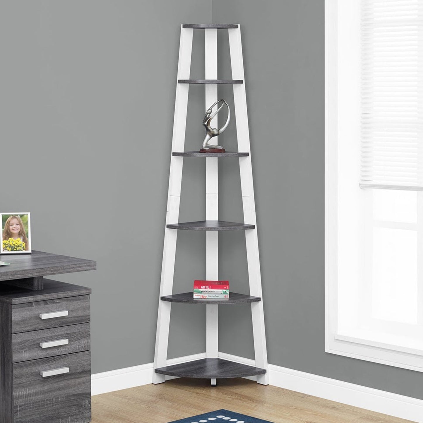 71" Taupe Five Tier Corner Bookcase