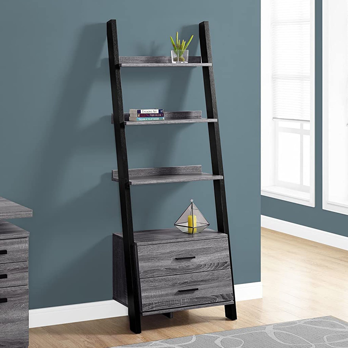69" Cappuccino Particle Board Ladder Bookcase With Two Storage Drawers
