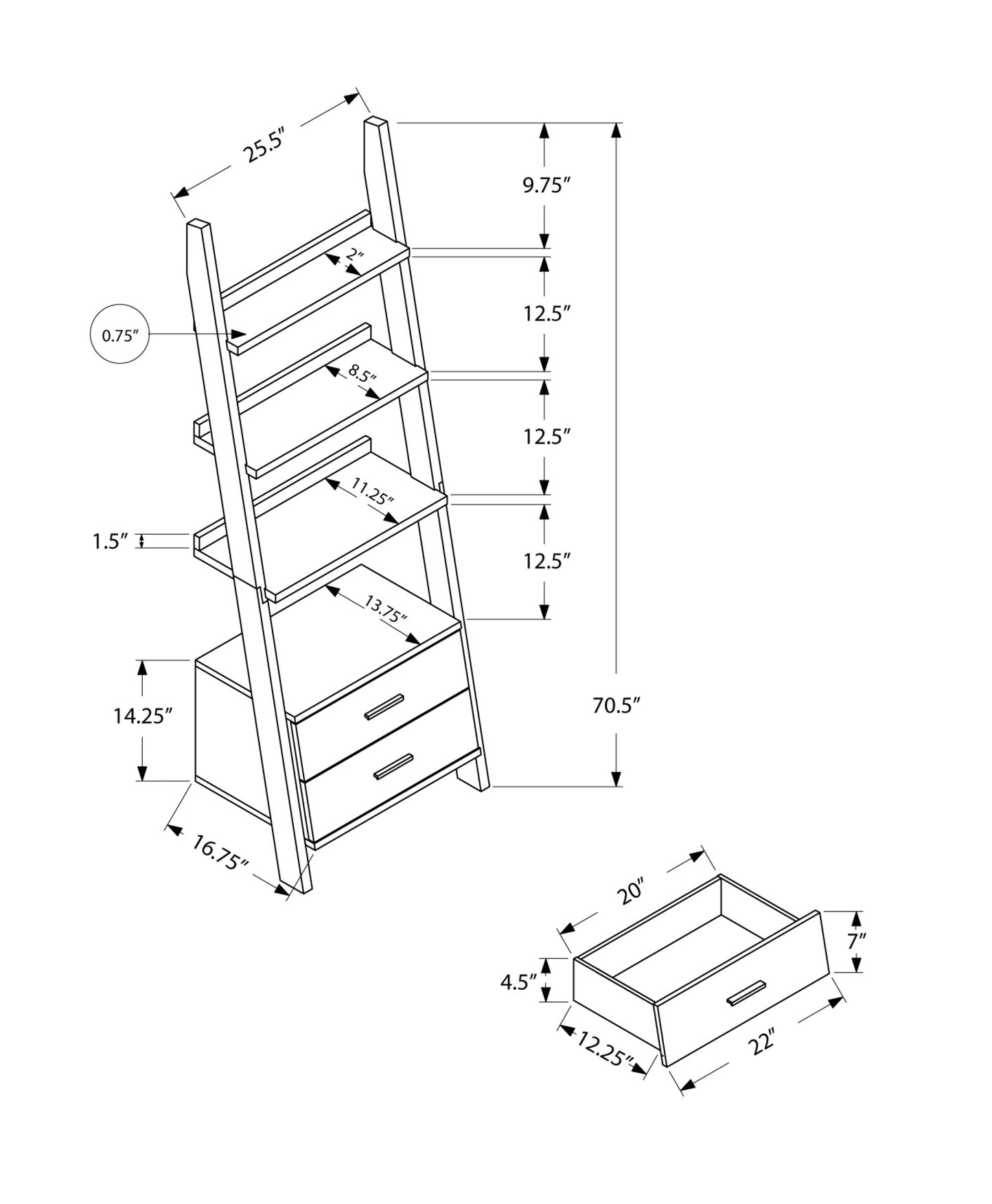 69" Cappuccino Particle Board Ladder Bookcase With Two Storage Drawers