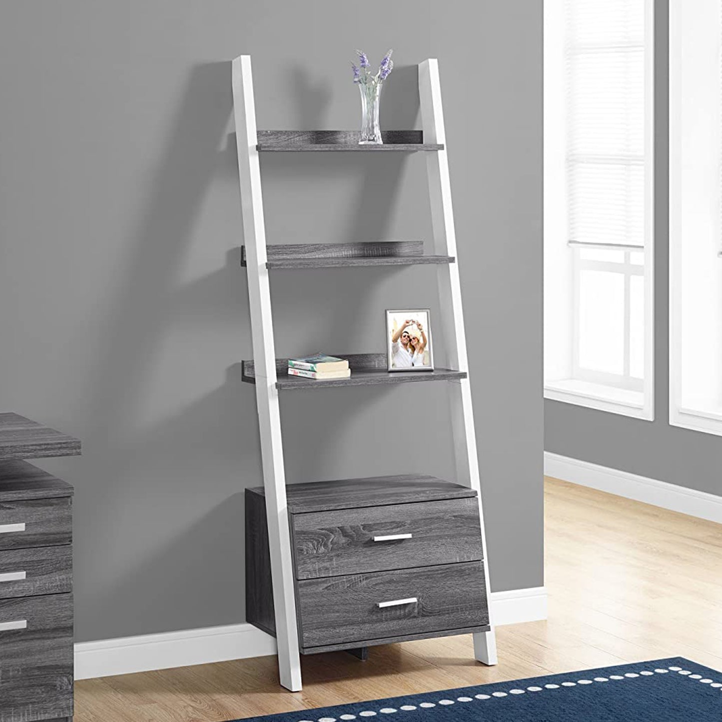 69" Cappuccino Particle Board Ladder Bookcase With Two Storage Drawers