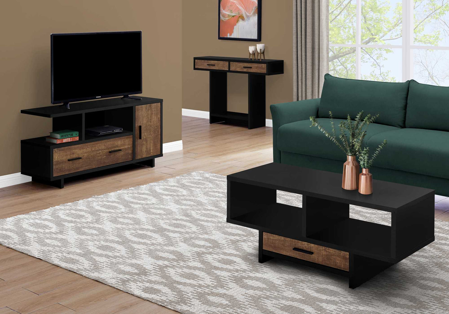 42" Black And Gray Coffee Table With Drawer And Two Shelves