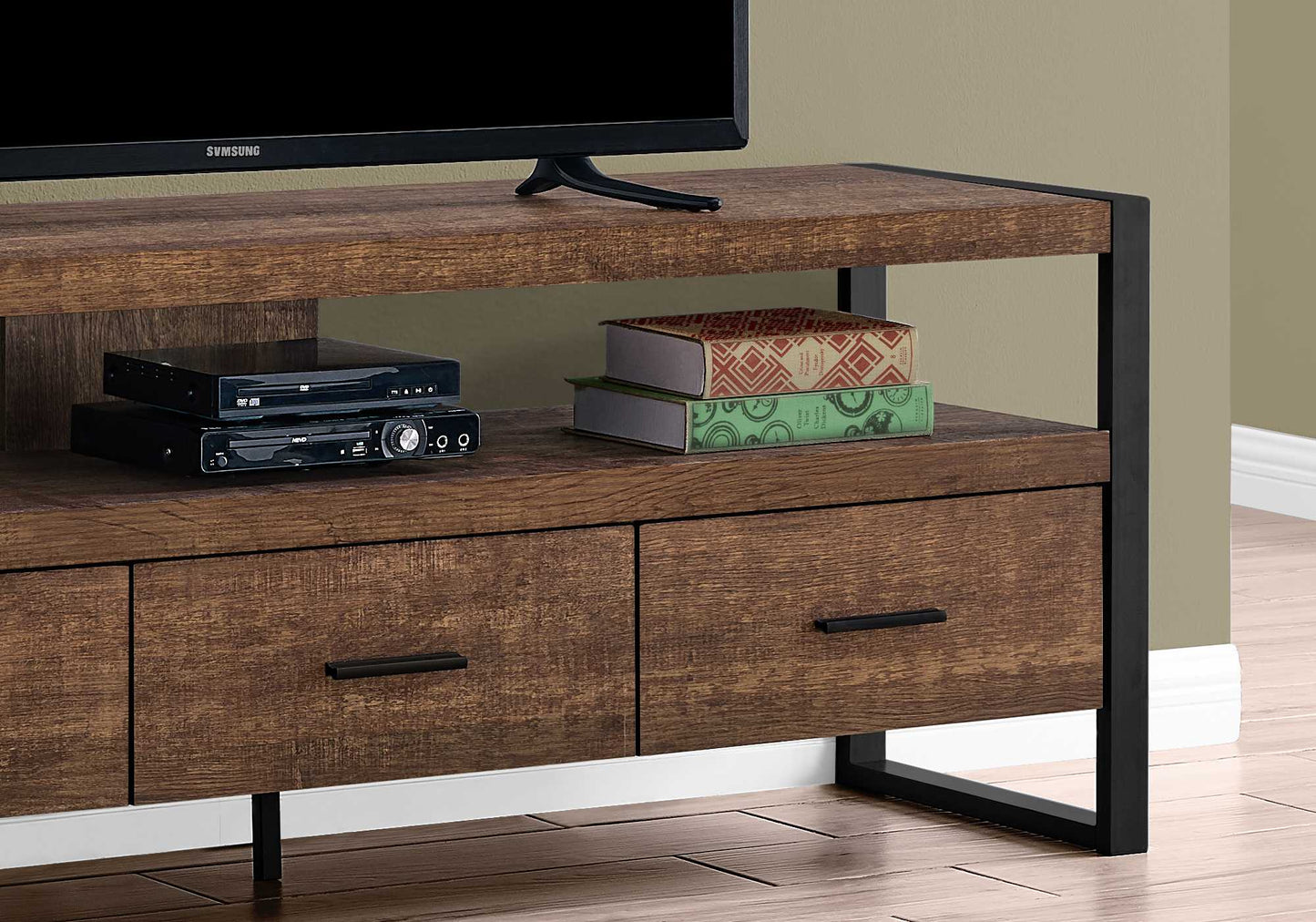 15.5" X 59" X 21.75" Taupe Black Particle Board Hollow Core Metal TV Stand With 3 Drawers