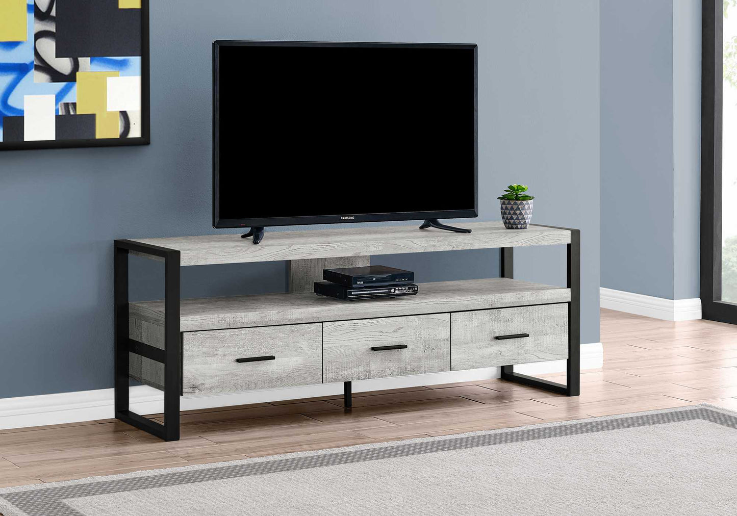 15.5" X 59" X 21.75" Taupe Black Particle Board Hollow Core Metal TV Stand With 3 Drawers