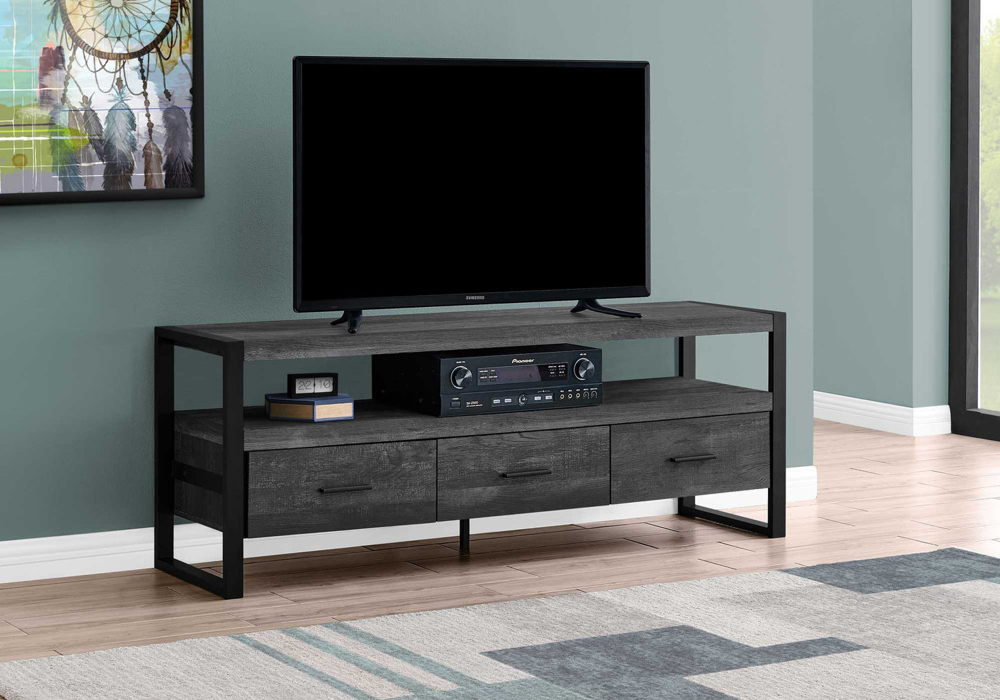 15.5" X 59" X 21.75" Taupe Black Particle Board Hollow Core Metal TV Stand With 3 Drawers