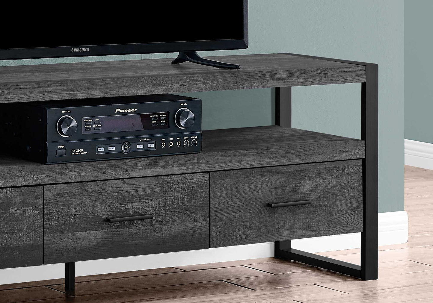 15.5" X 59" X 21.75" Taupe Black Particle Board Hollow Core Metal TV Stand With 3 Drawers