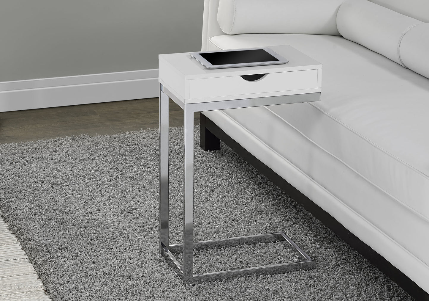 10.25" X 15.75" X 24.5" Grey Finish Drawer And Black Metal Accent Table
