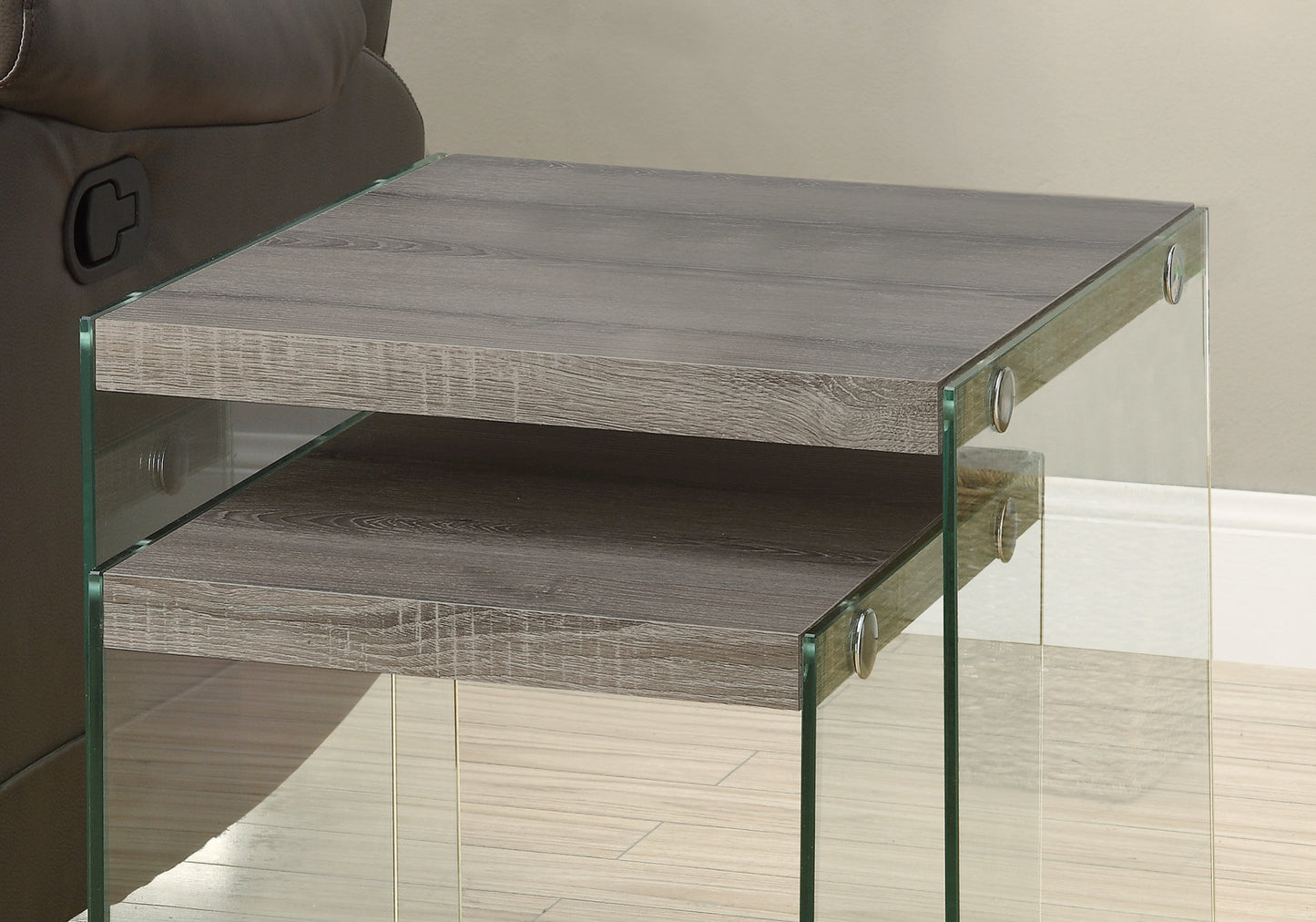 35.5" Glossy White Particle Board And Clear Glass Two Pieces Nesting Table Set