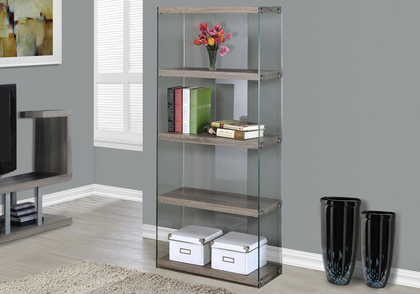 60" Grey Cement Particle Board And Clear Tempered Glass Bookcase