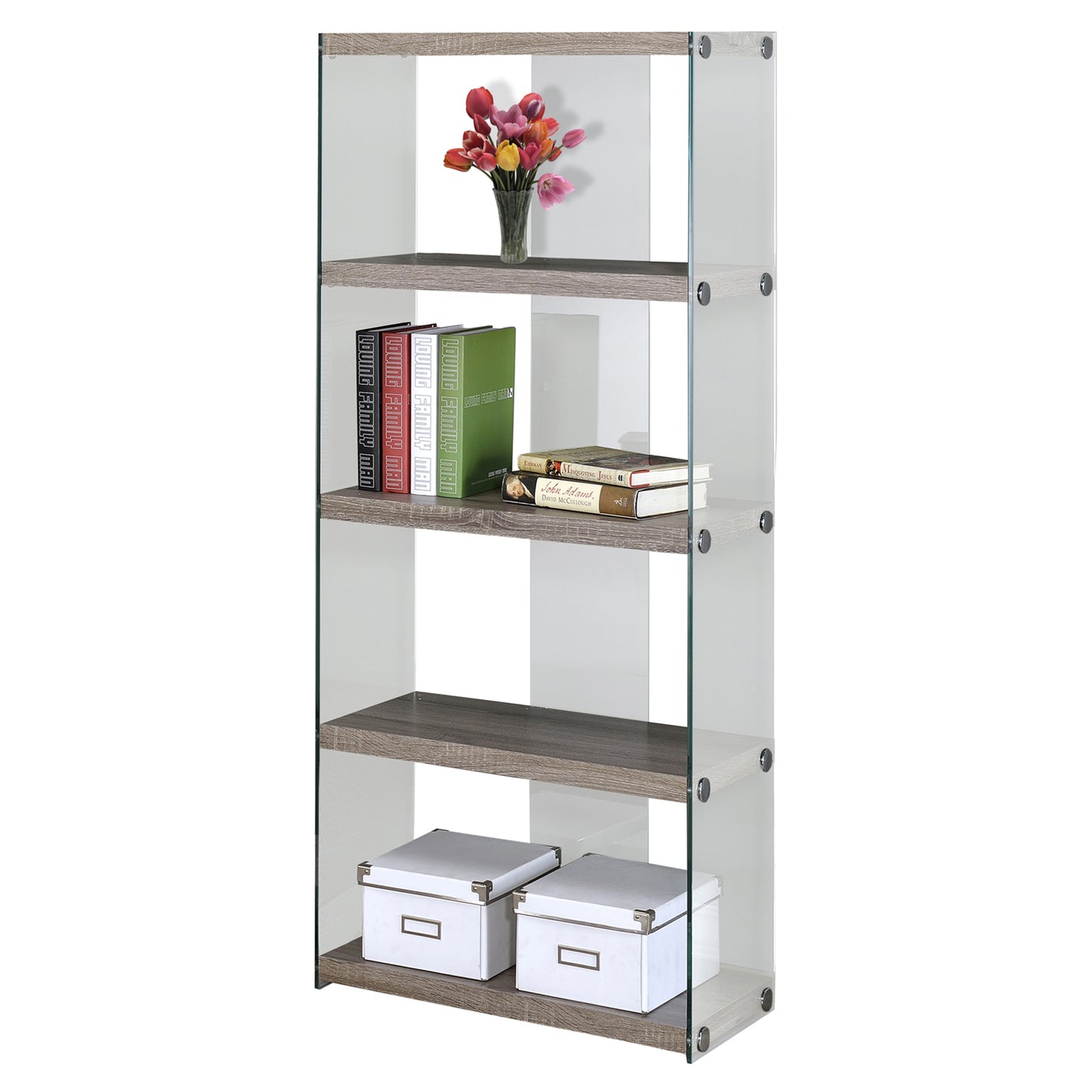 60" Grey Cement Particle Board And Clear Tempered Glass Bookcase