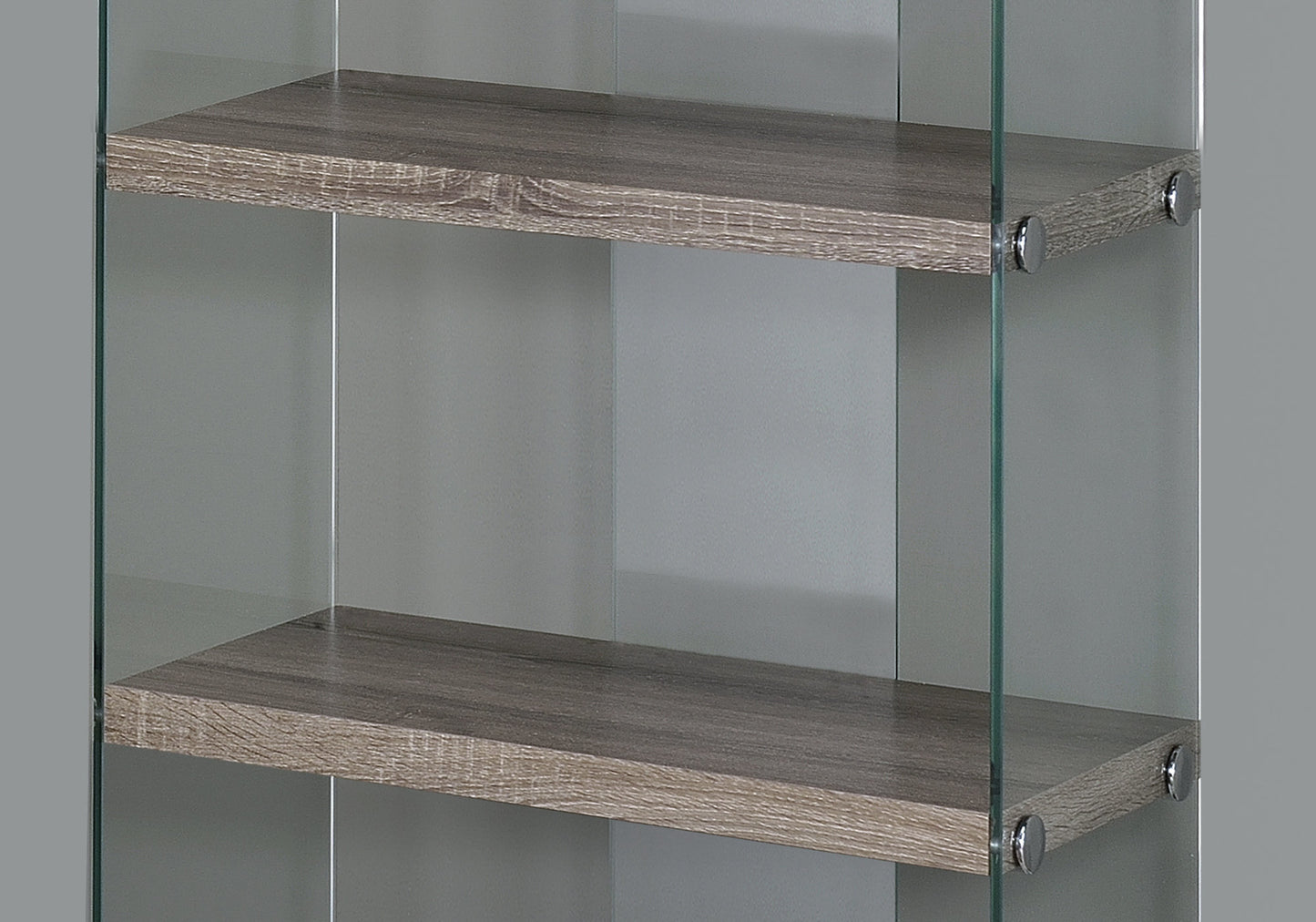 60" Grey Cement Particle Board And Clear Tempered Glass Bookcase