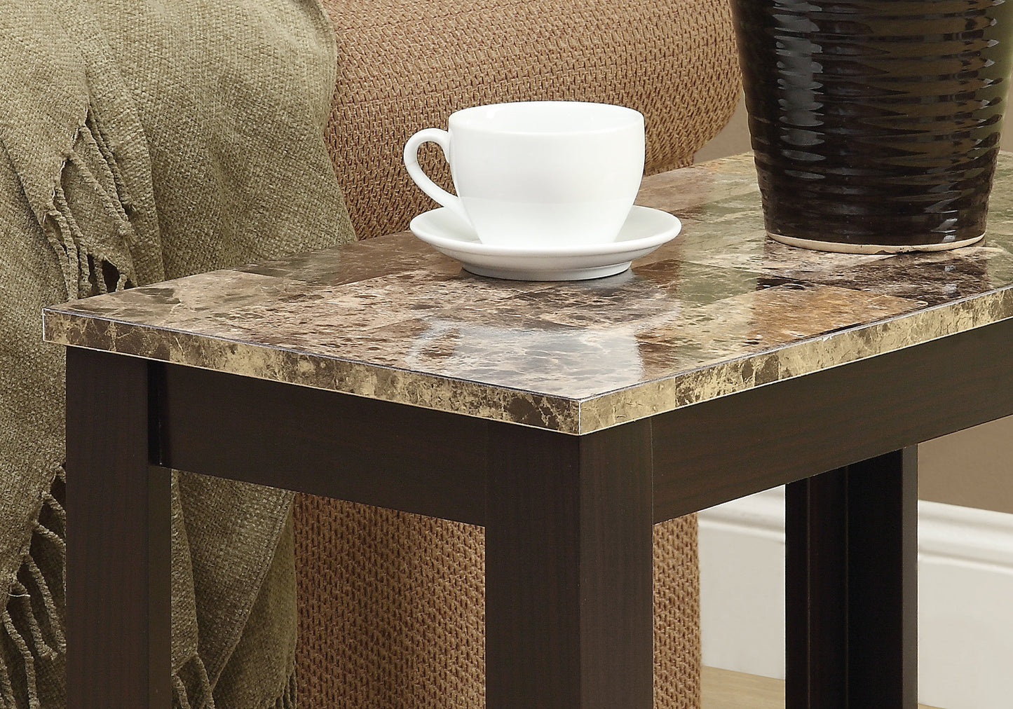 22" Dark Brown And Brown Faux Marble End Table With Shelf