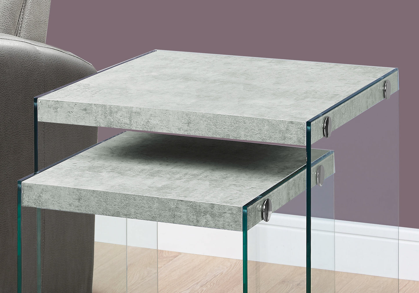 35.5" Glossy White Particle Board And Clear Glass Two Pieces Nesting Table Set
