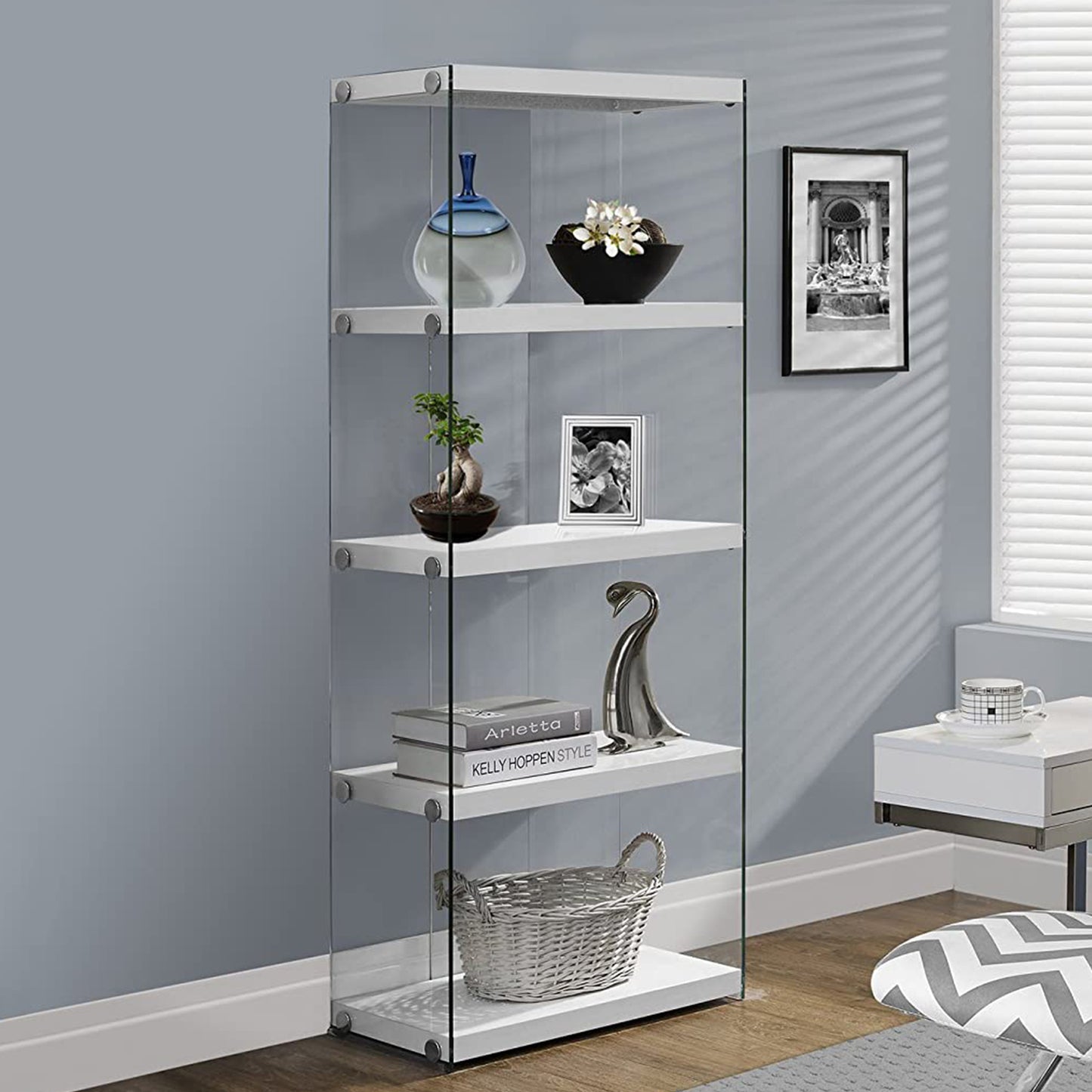 60" Grey Cement Particle Board And Clear Tempered Glass Bookcase