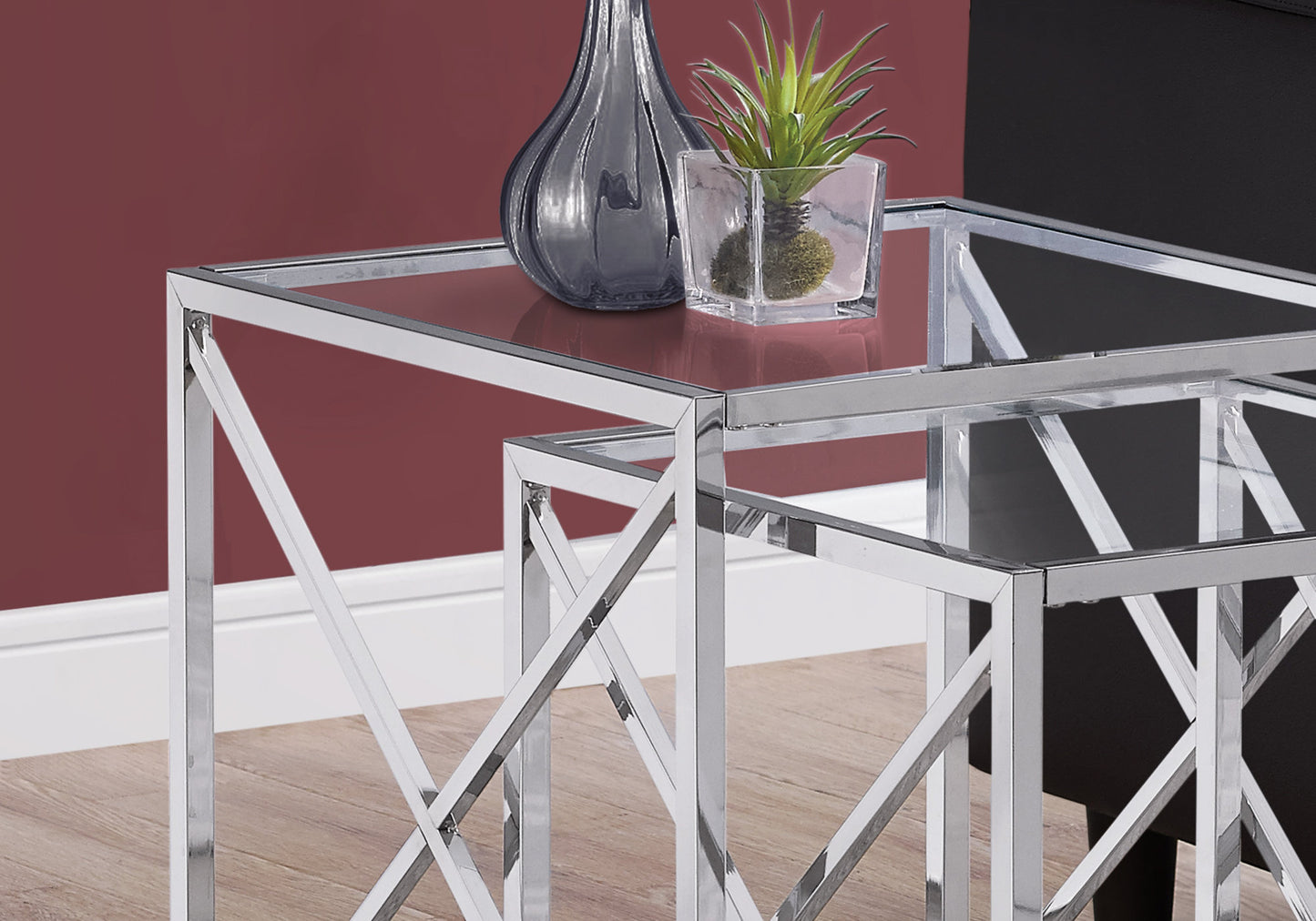 38" Gold Metal And Tempered Glass Two Pieces Nesting Table Set