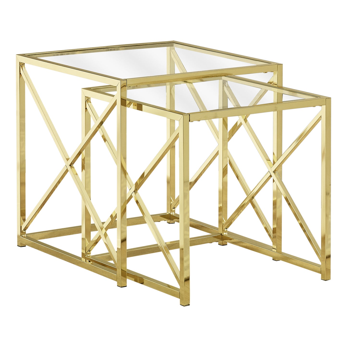 38" Gold Metal And Tempered Glass Two Pieces Nesting Table Set