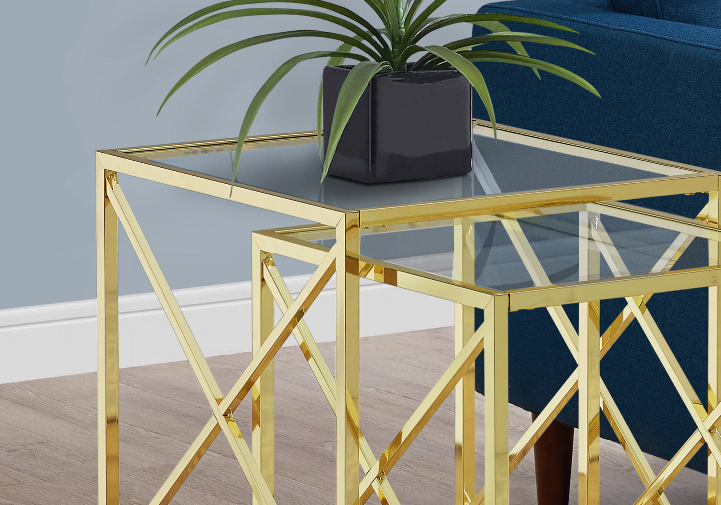 38" Gold Metal And Tempered Glass Two Pieces Nesting Table Set