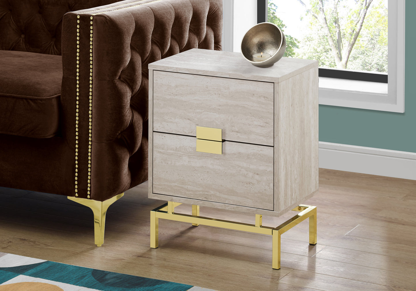 24" Gold And Black End Table With Two Drawers