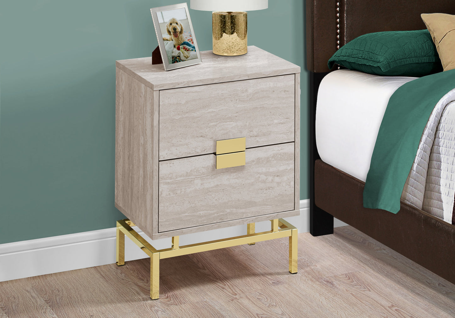 24" Gold And Black End Table With Two Drawers