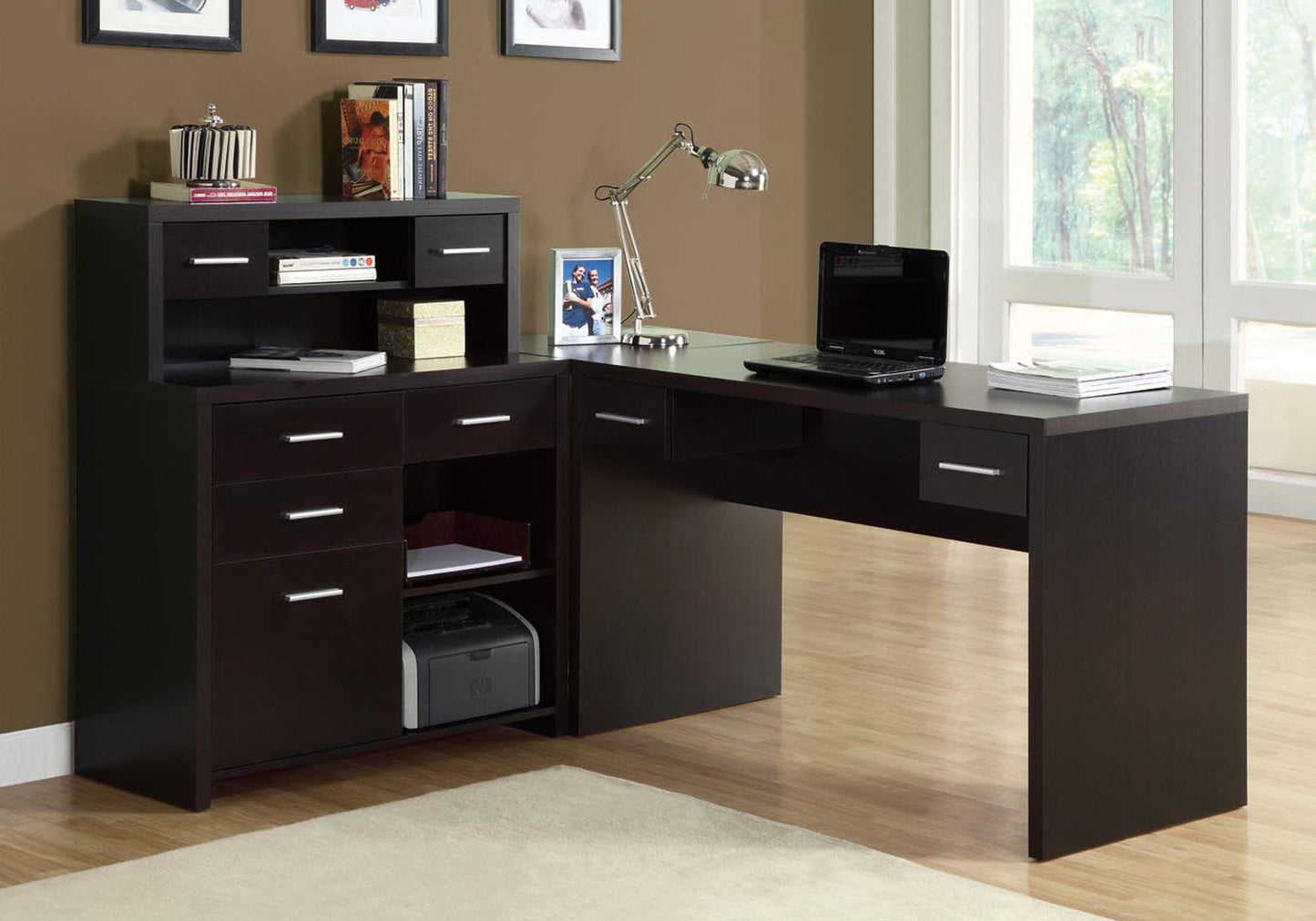 59" Brown L-Shape Computer Desk With 8 Drawers