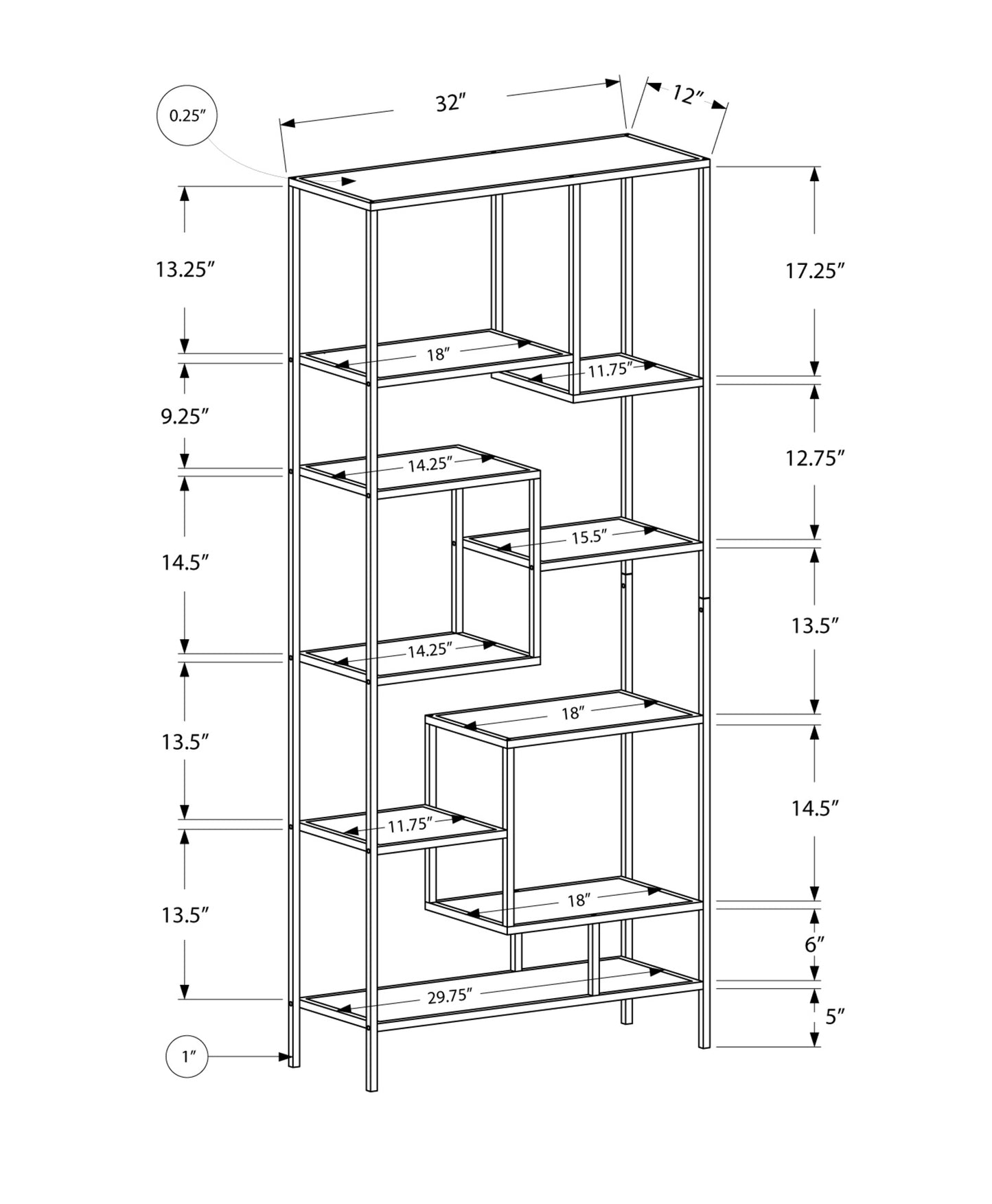 72" Metal And Tempered Glass Bookcase