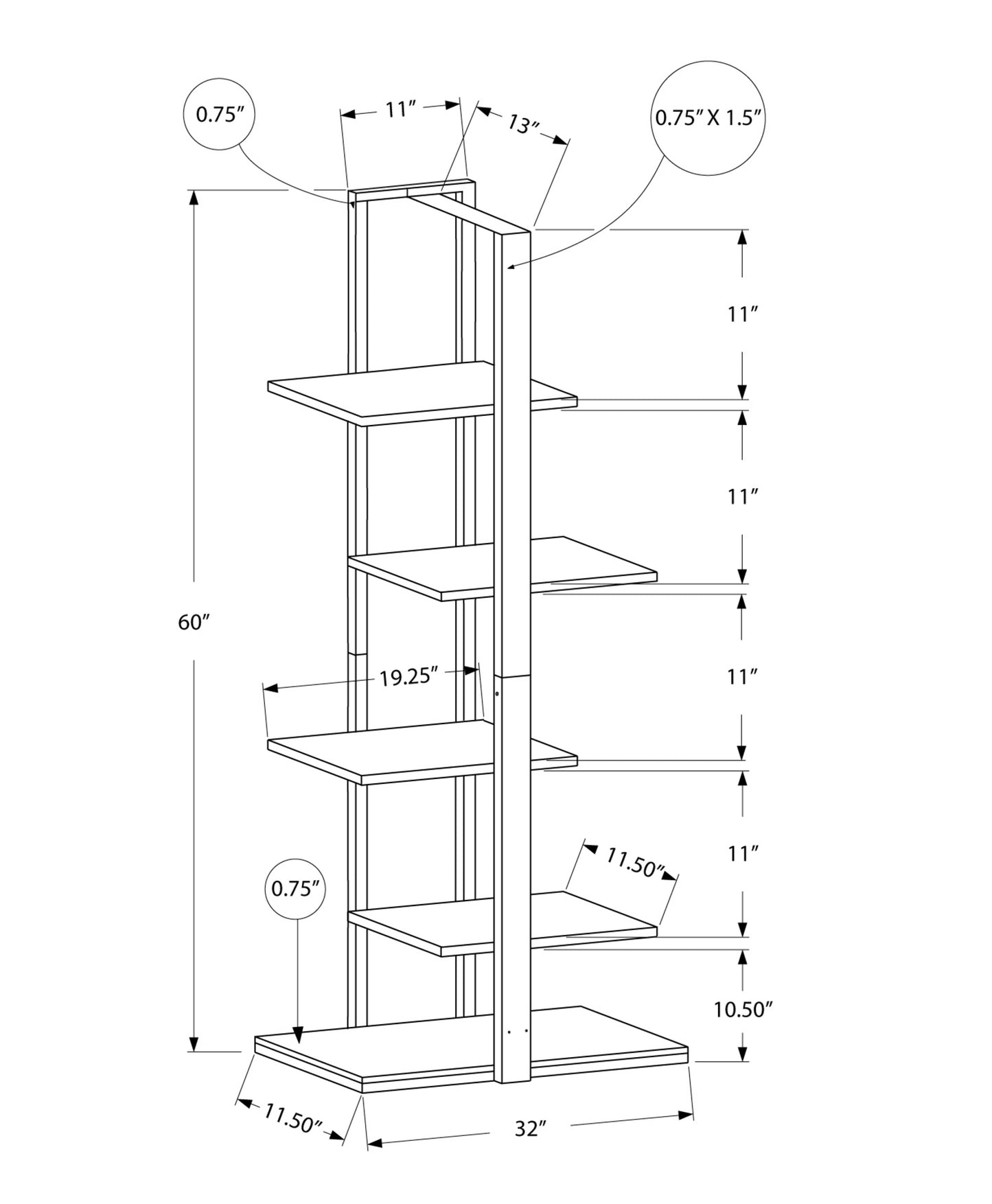 60" Black Metal Five Tier Etagere Bookcase