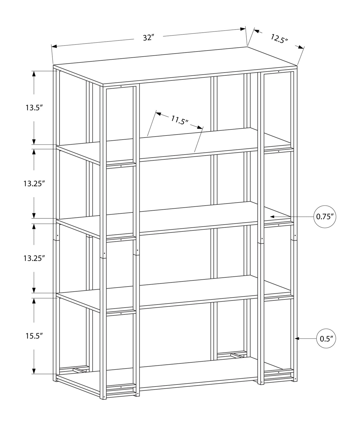 12.5" X 32" X 62" Dark Taupe Black Mdf Metal Bookcase