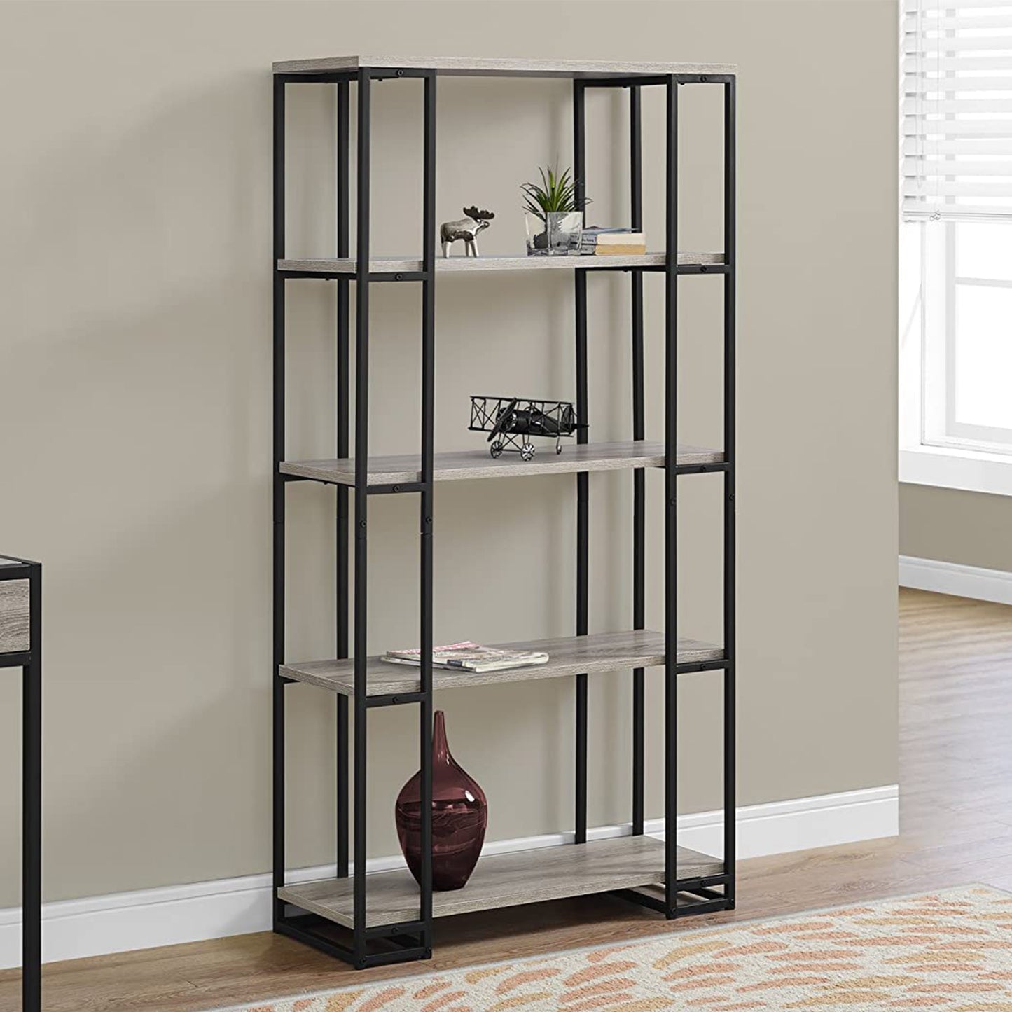 12.5" X 32" X 62" Dark Taupe Black Mdf Metal Bookcase