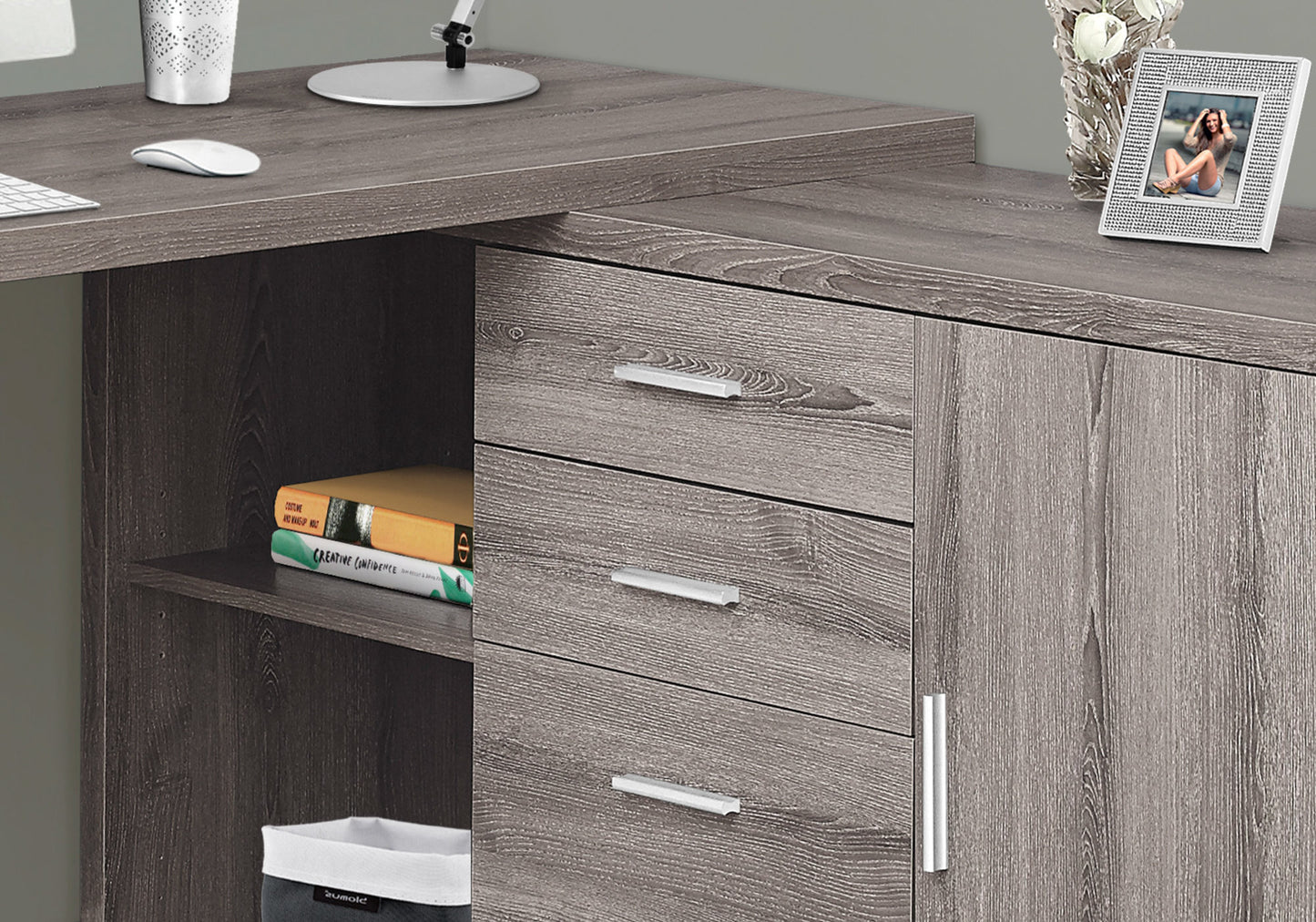 57" Grey L-Shape Computer Desk With Three Drawers