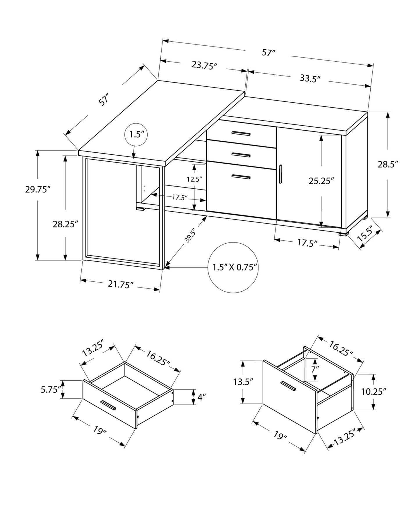57" Grey L-Shape Computer Desk With Three Drawers