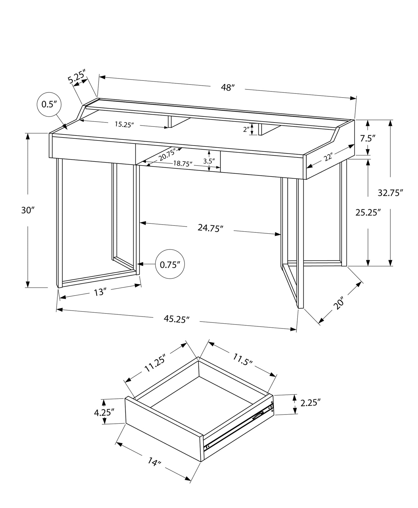 22" Taupe Rectangular Writing Desk