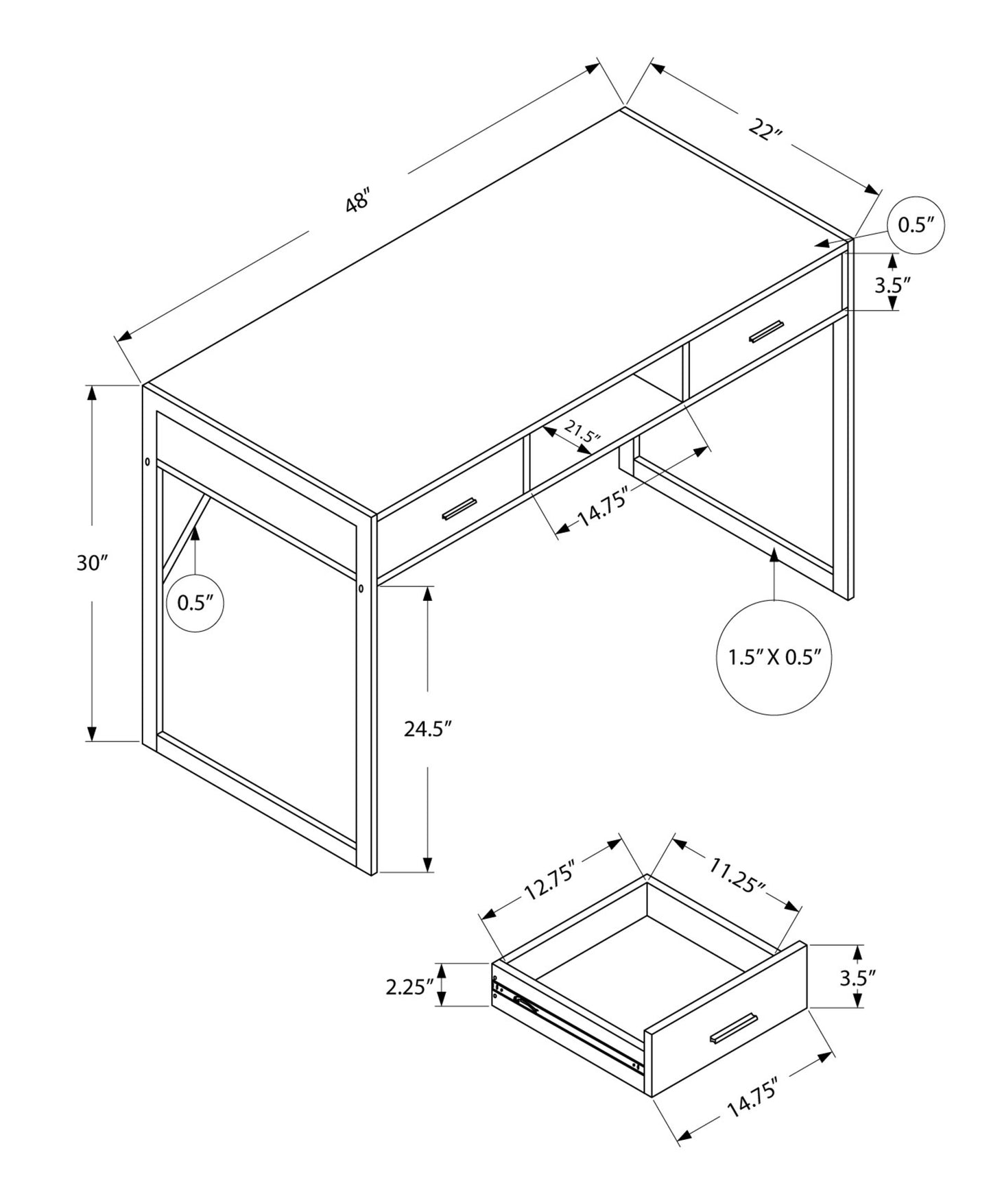 22" White Rectangular Computer Desk With Two Drawers