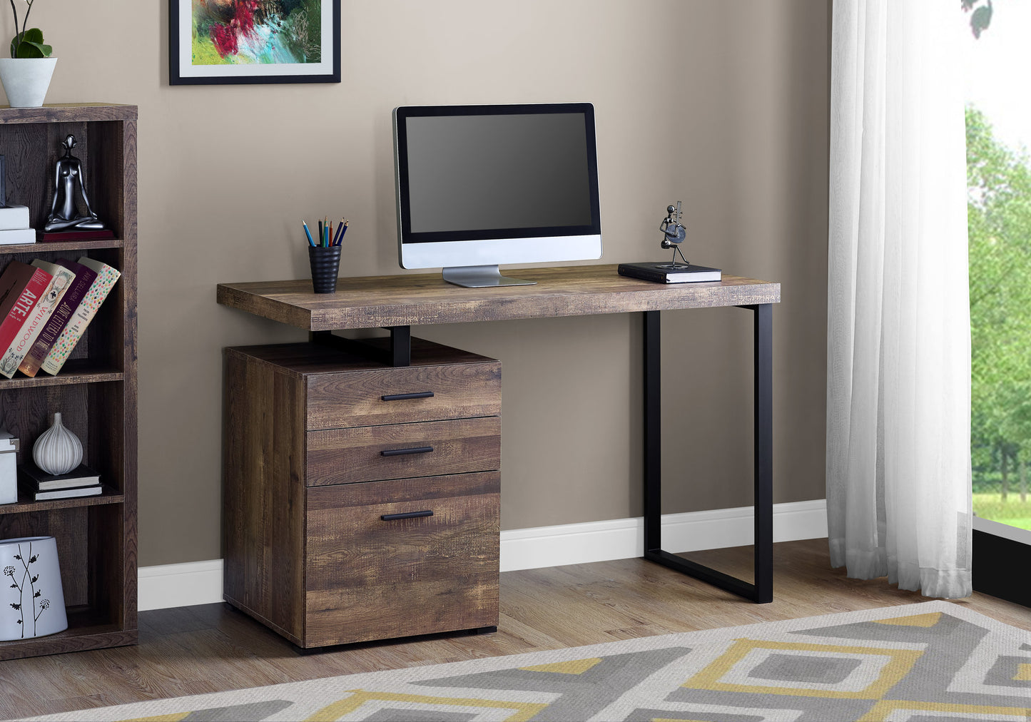 24" Brown Rectangular Computer Desk With Three Drawers
