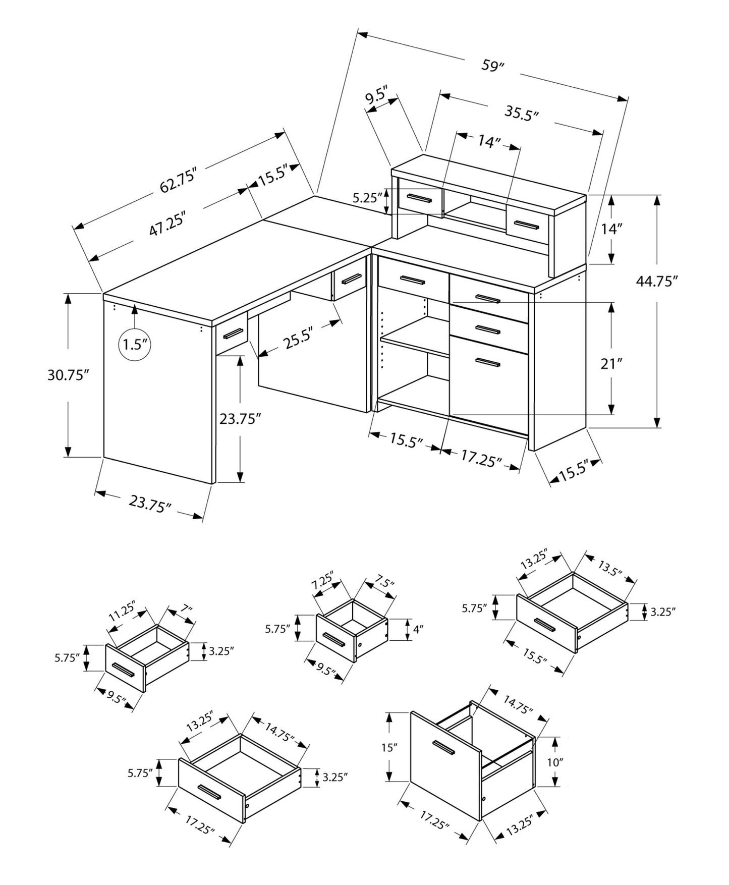 24" Grey Rectangular Computer Desk With Two Drawers