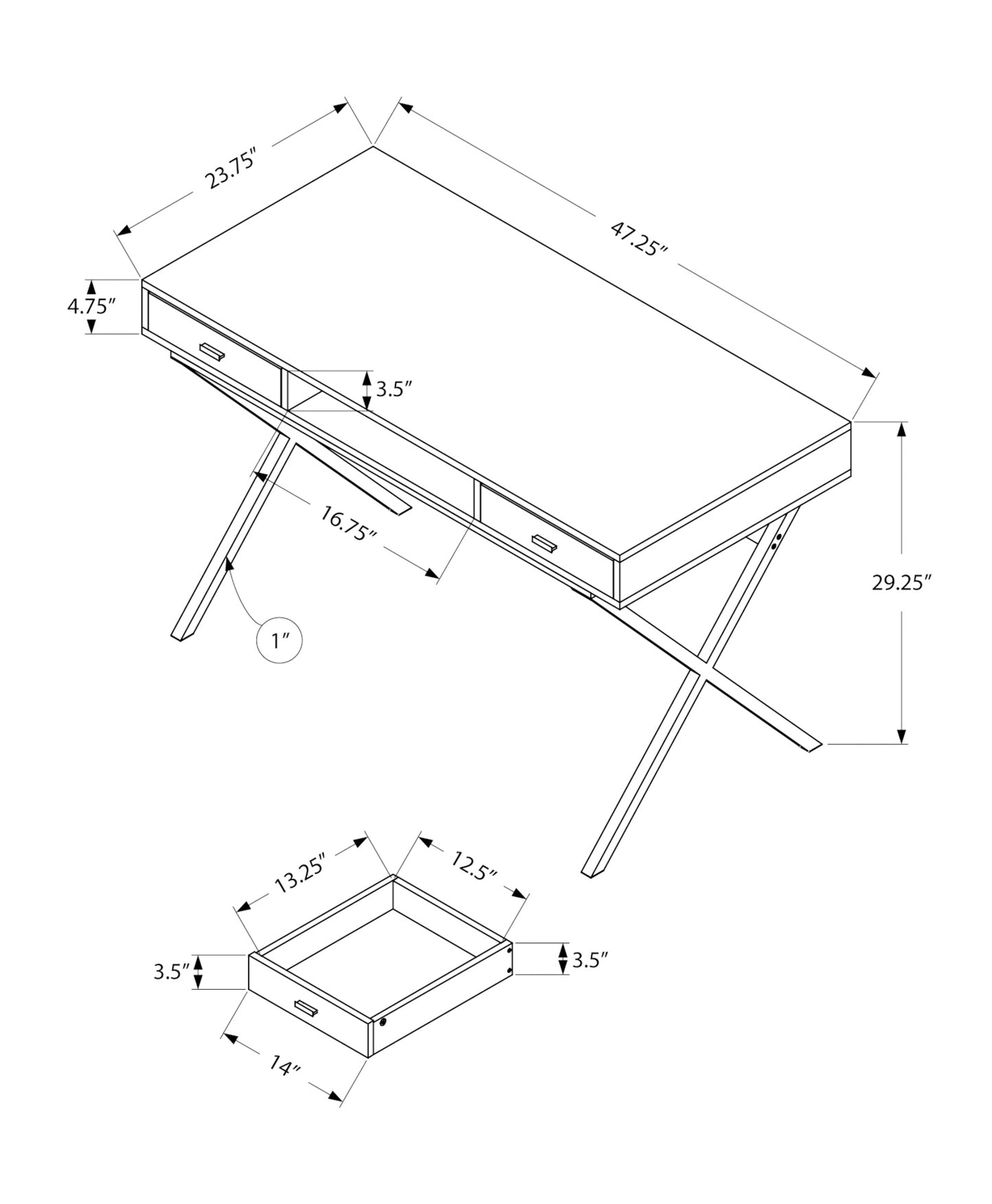24" White Rectangular Computer Desk With Two Drawers