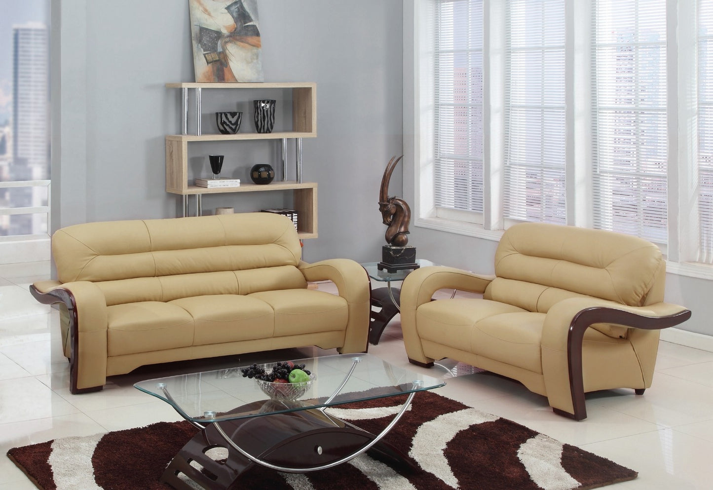 Two Piece Indoor Beige Genuine Leather Five Person Seating Set