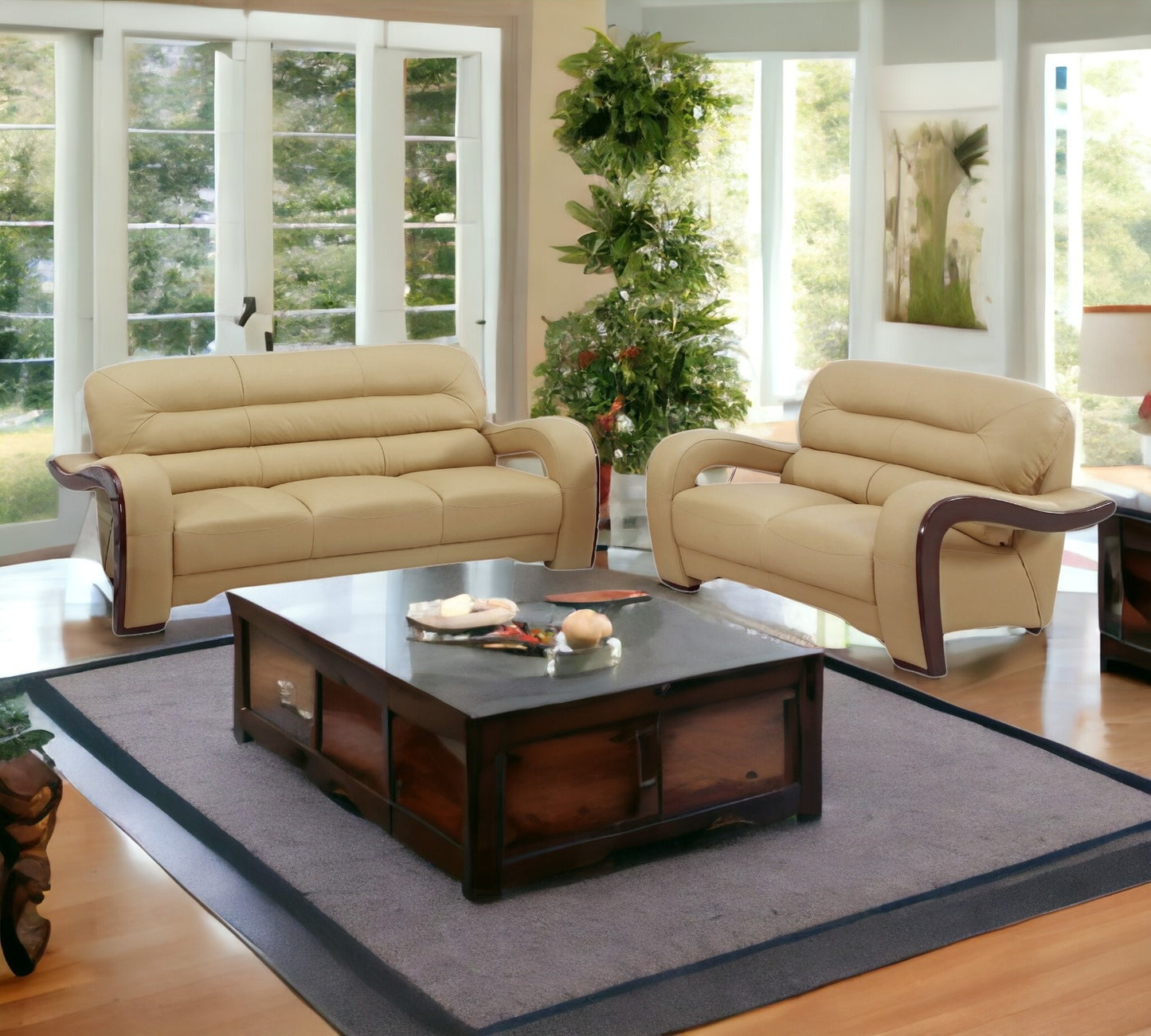 Two Piece Indoor Beige Genuine Leather Five Person Seating Set
