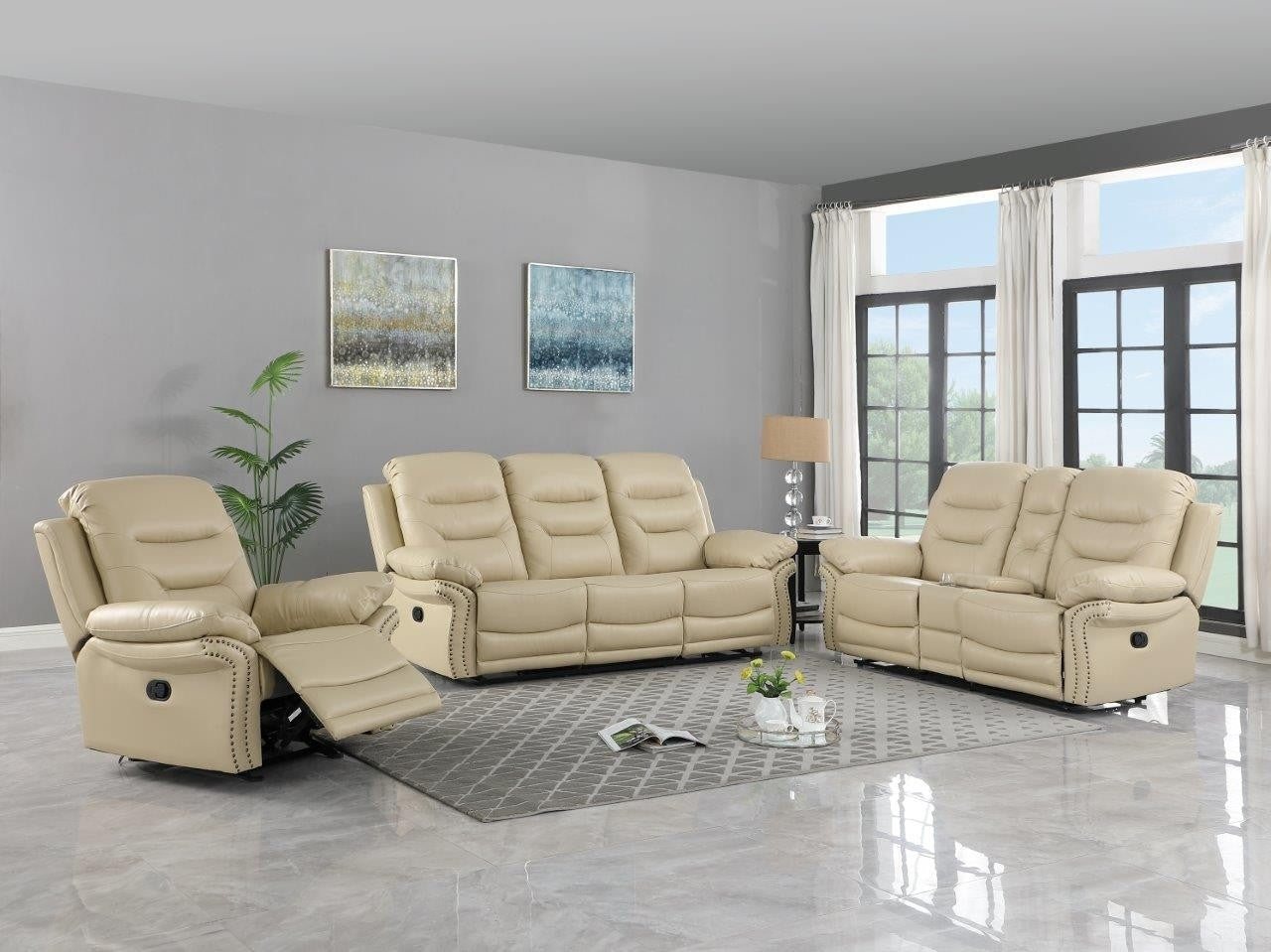 Three Piece Indoor Beige Faux Leather Five Person Seating Set