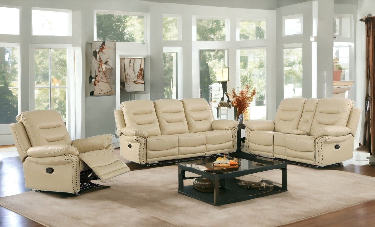 Three Piece Indoor Beige Faux Leather Five Person Seating Set