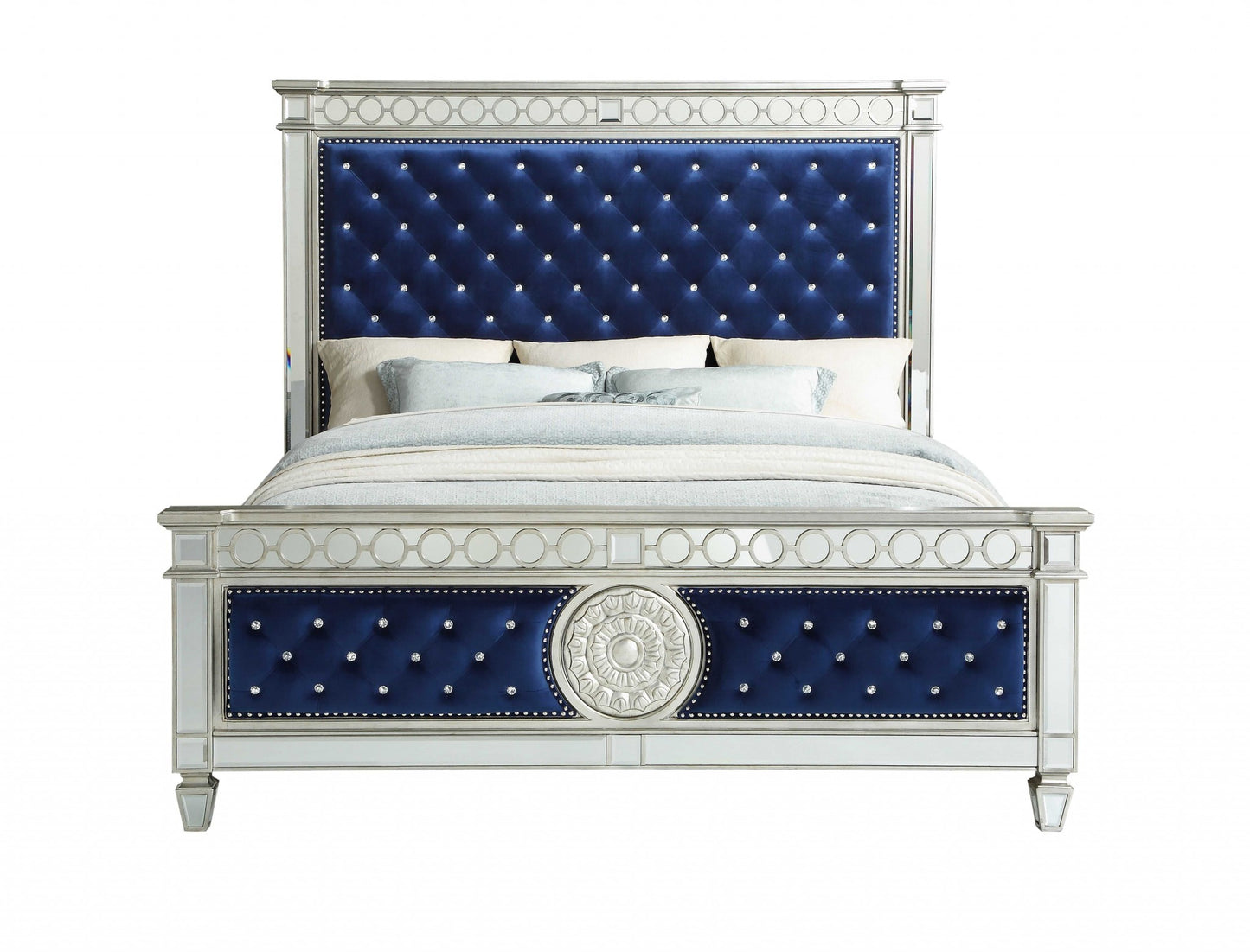 King Tufted Blue Upholstered Velvet Bed With Nailhead Trim