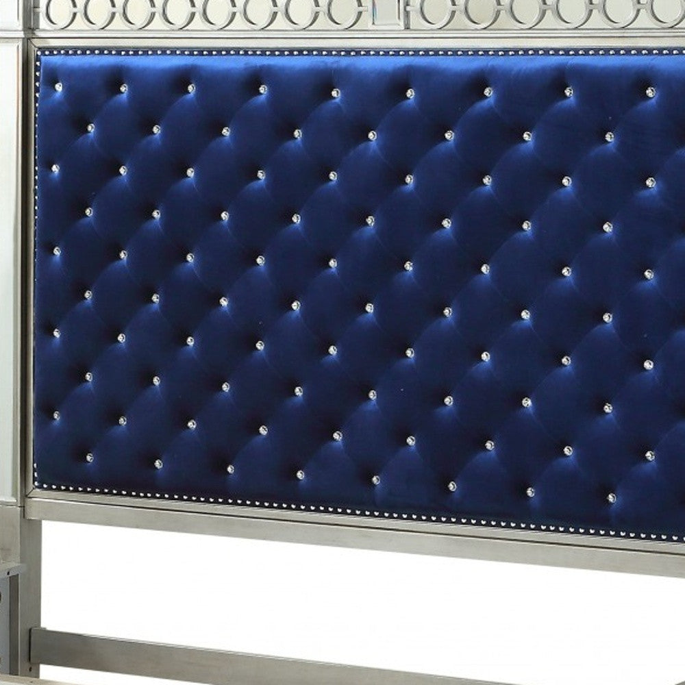 King Tufted Blue Upholstered Velvet Bed With Nailhead Trim
