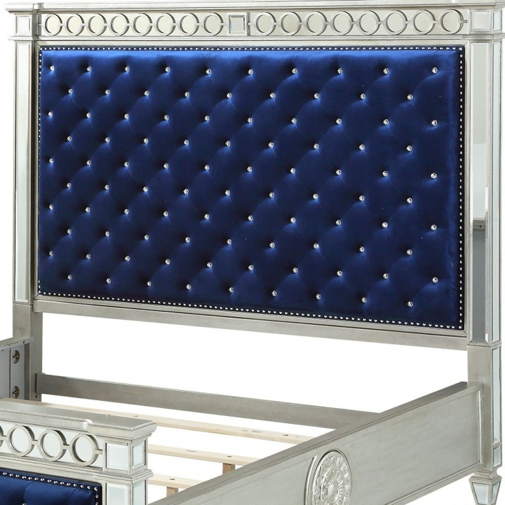King Tufted Blue Upholstered Velvet Bed With Nailhead Trim