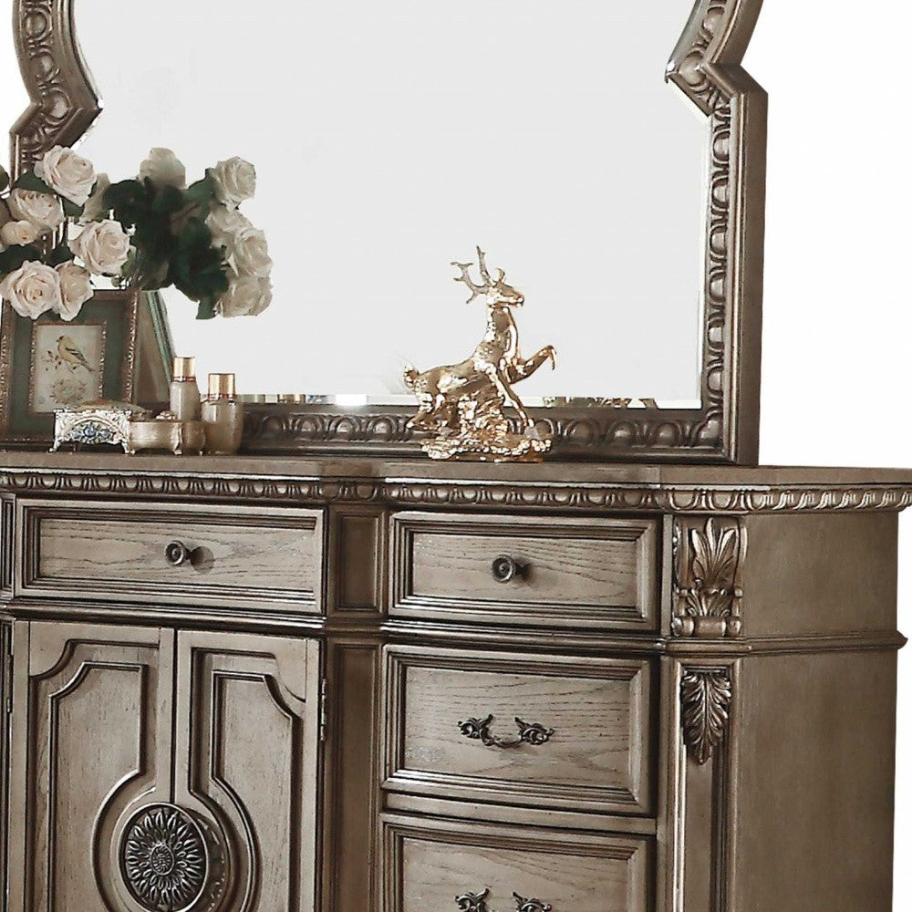18" X 68" X 42" Antique Champagne Wood Poly Resin Dresser Wmarble Top