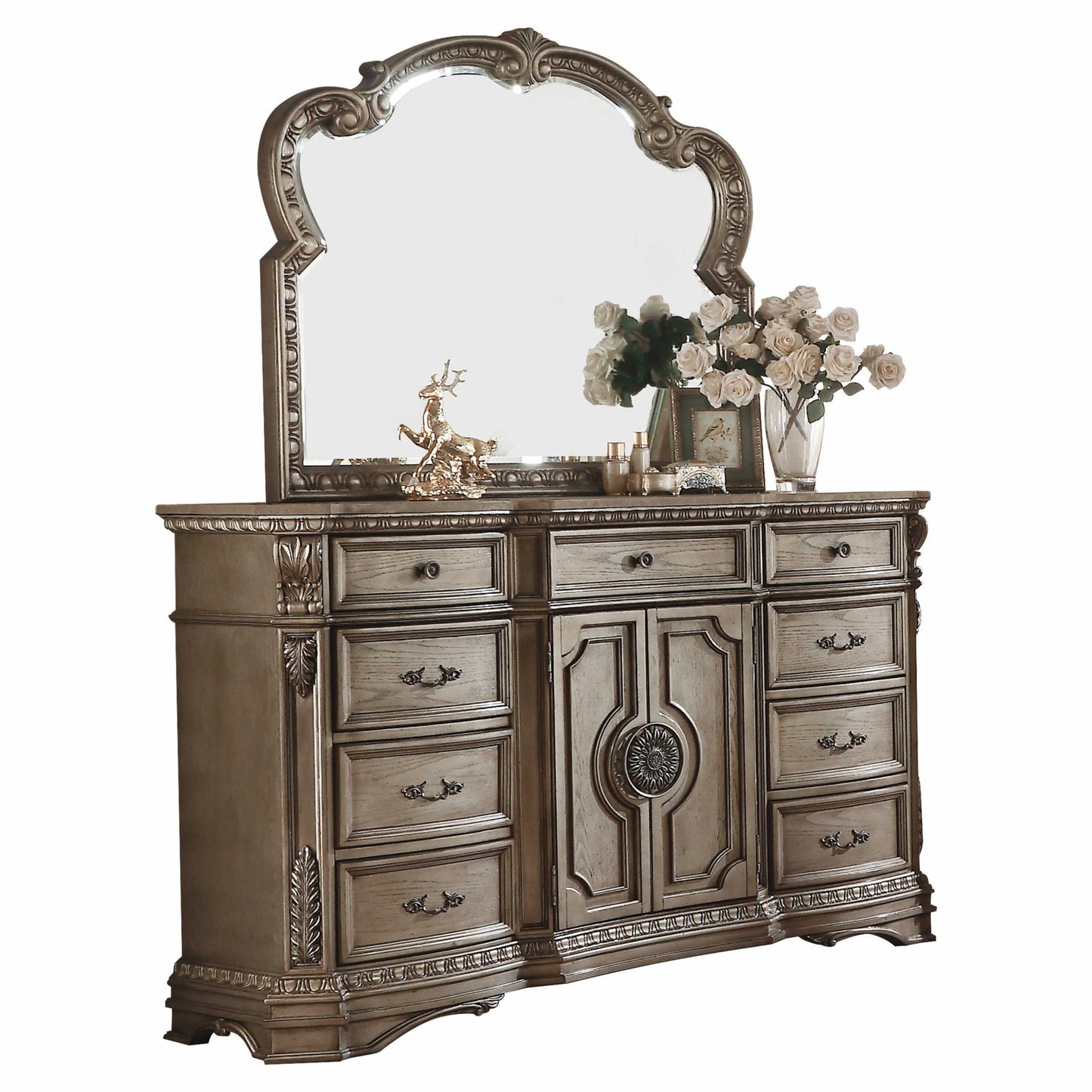 18" X 68" X 42" Antique Champagne Wood Poly Resin Dresser Wwooden Top