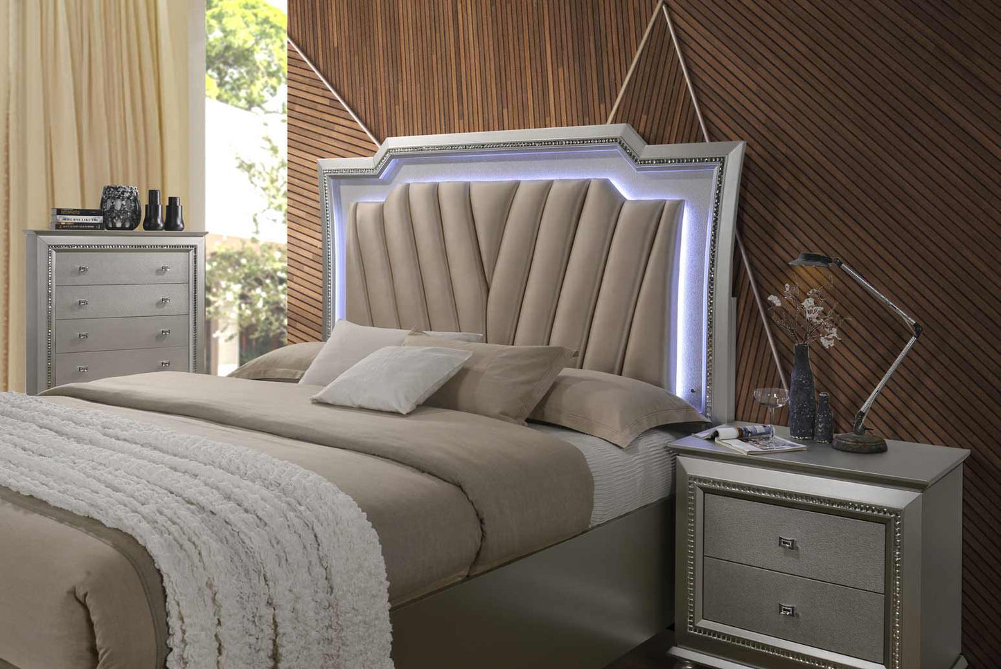 King Beige And Champagne Upholstered Velvettwo Drawers Bed