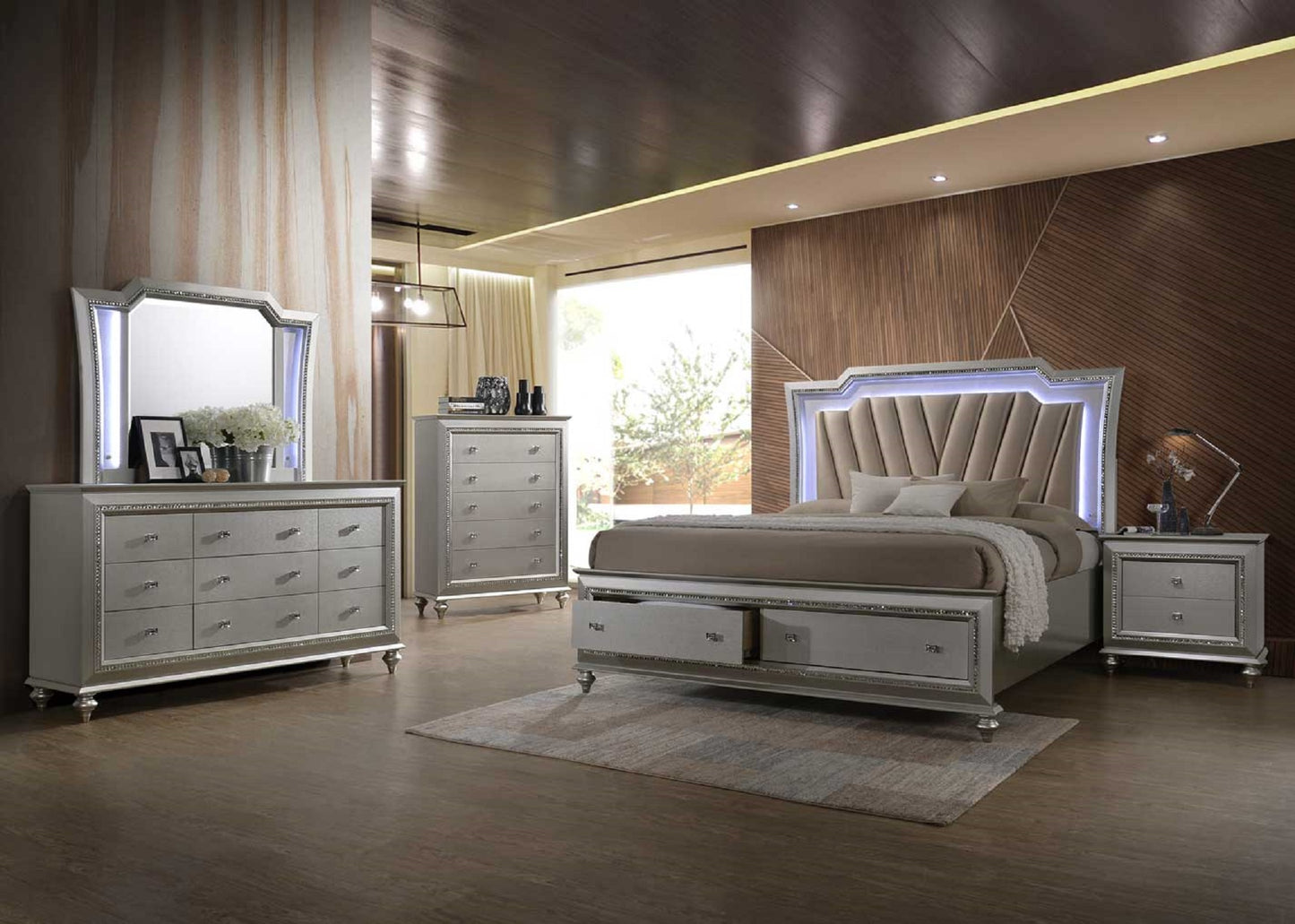 King Beige And Champagne Upholstered Velvettwo Drawers Bed