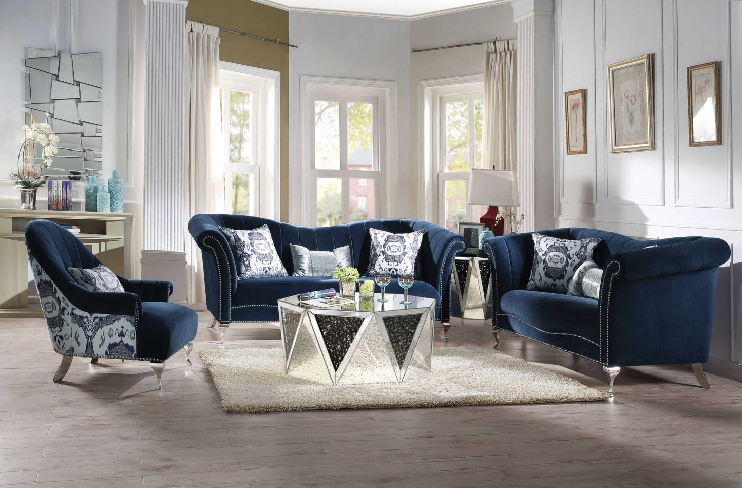 37" X 74" X 39" Blue Velvet Upholstery Acrylic Leg Loveseat W2 Pillows